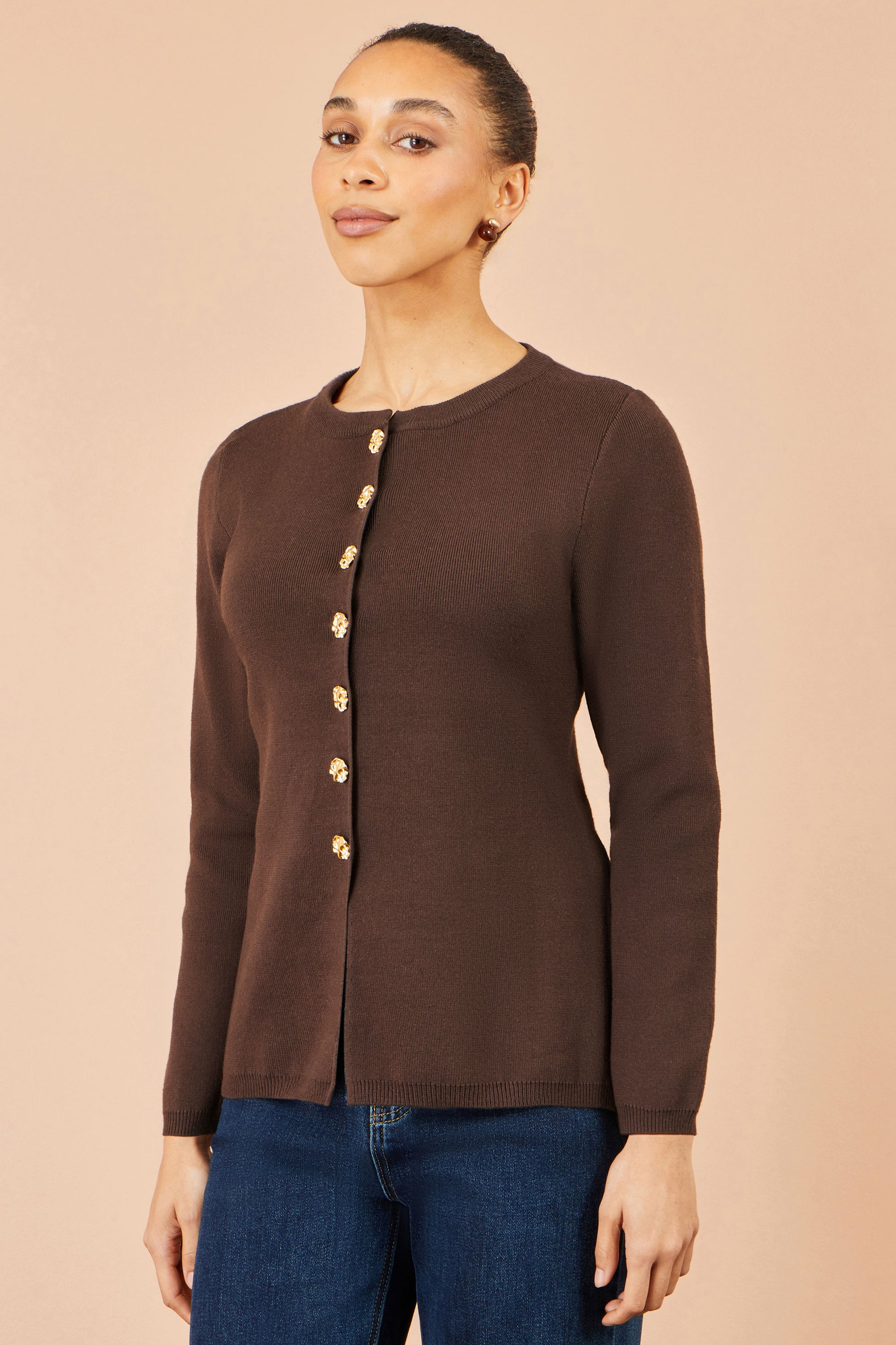 Yumi Brown Knitted Fitted Peplum Cardigan Knit Cardigan Yumi