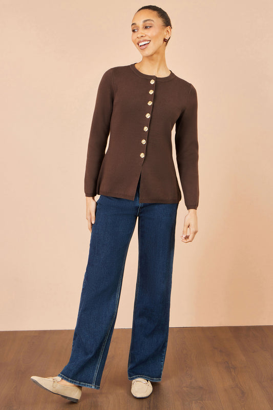 Yumi Brown Knitted Fitted Peplum Cardigan Knit Cardigan Yumi