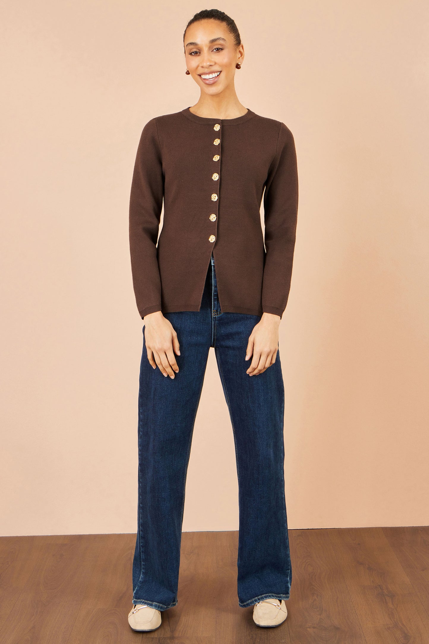 Yumi Brown Knitted Fitted Peplum Cardigan Knit Cardigan Yumi