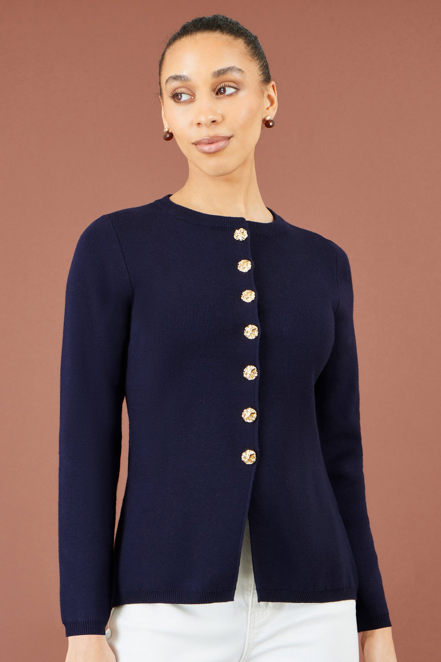 Yumi Navy Knitted Fitted Peplum Cardigan Knit Cardigan Yumi