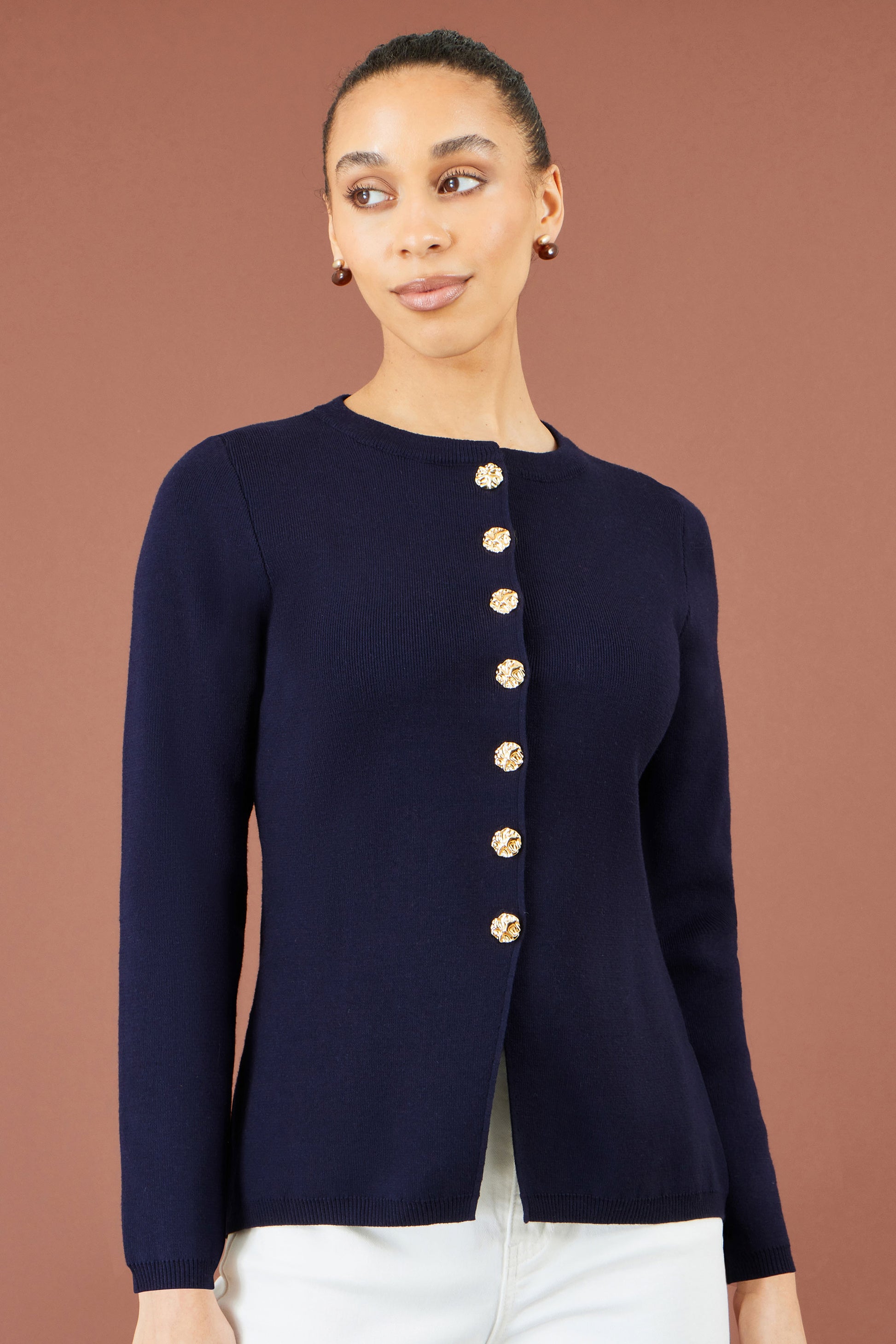 Yumi Navy Knitted Fitted Peplum Cardigan Knit Cardigan Yumi