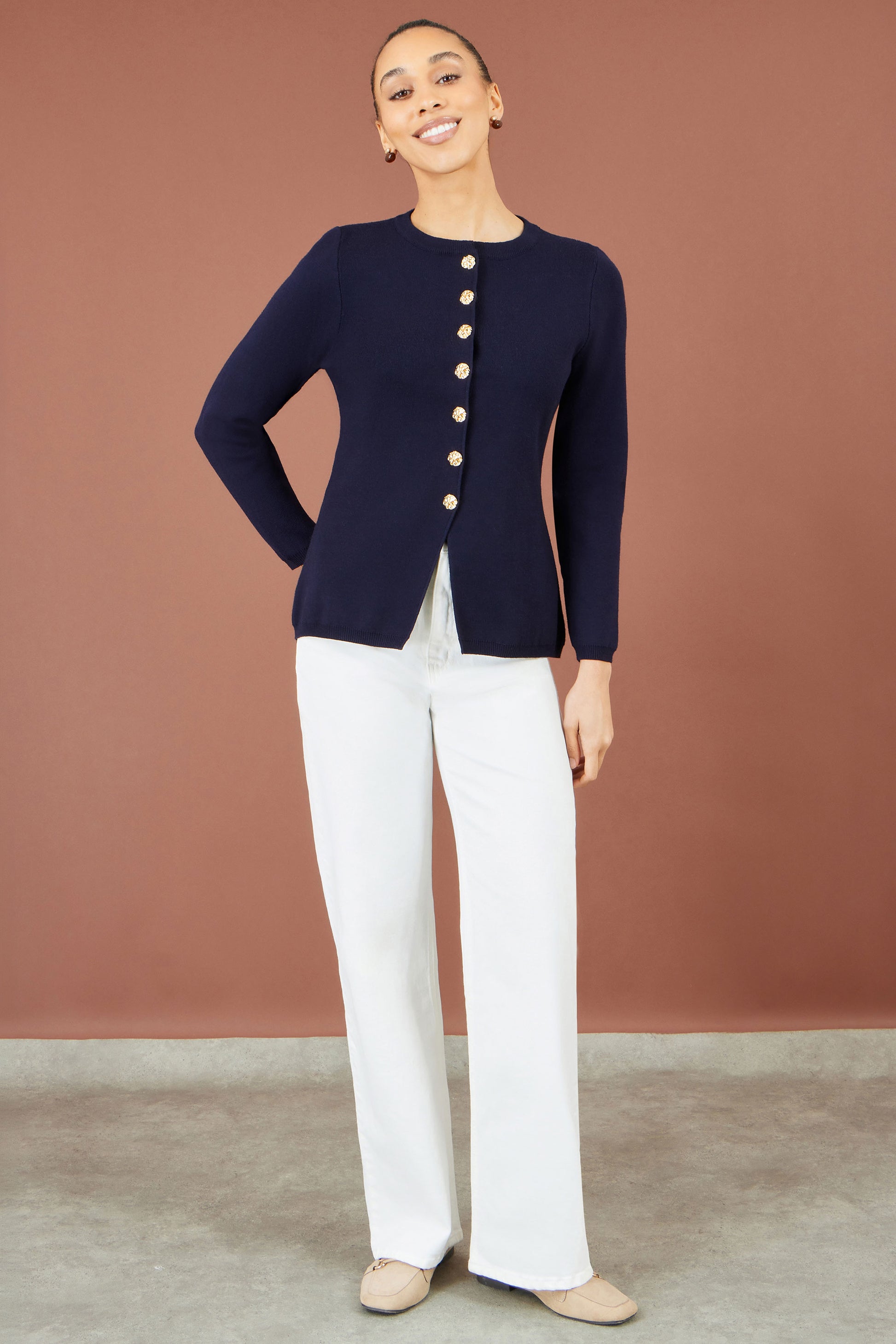 Yumi Navy Knitted Fitted Peplum Cardigan Knit Cardigan Yumi