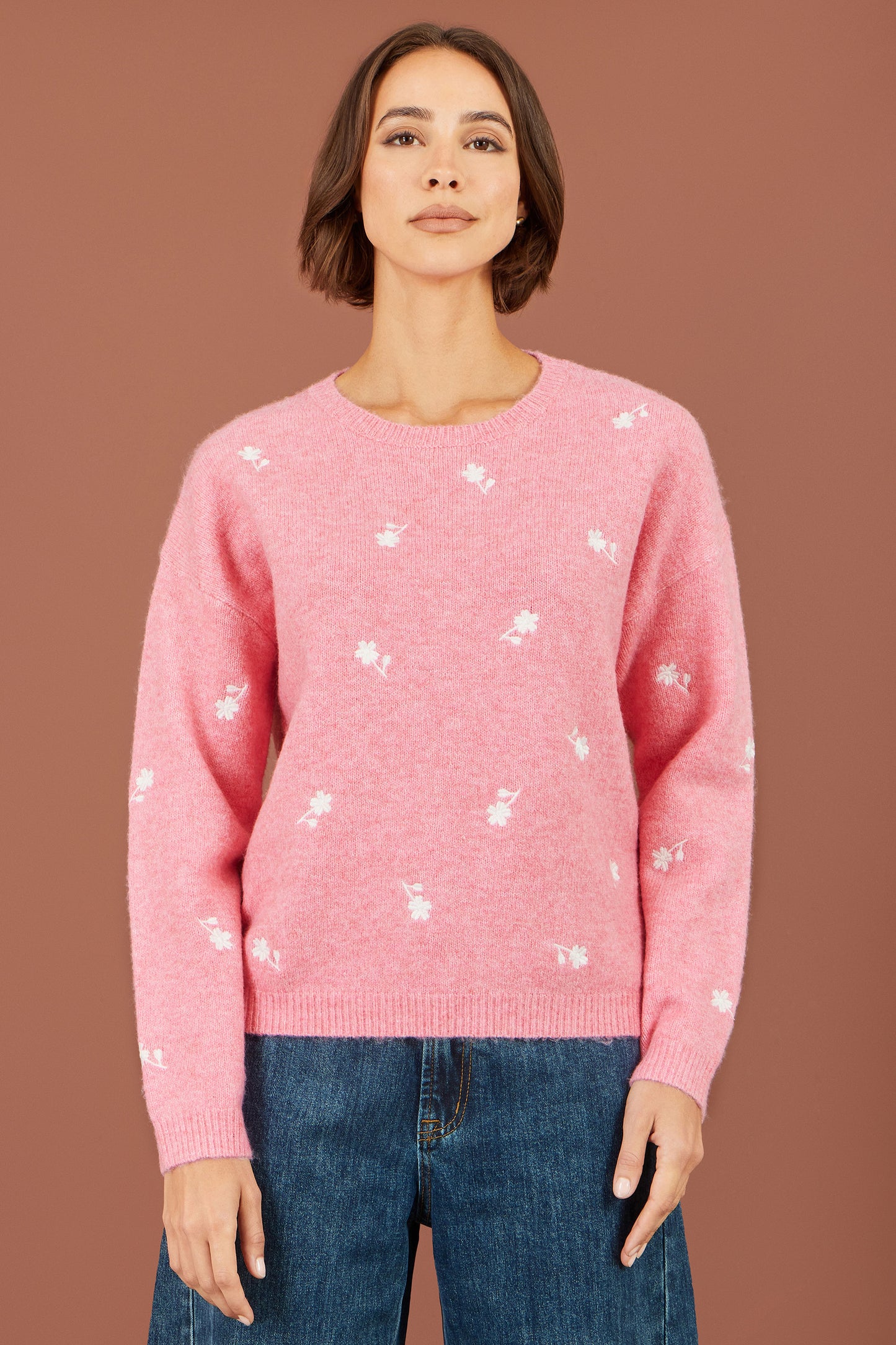 Yumi Pink Daisy Embroidered Relaxed Jumper Knit Jumper Yumi