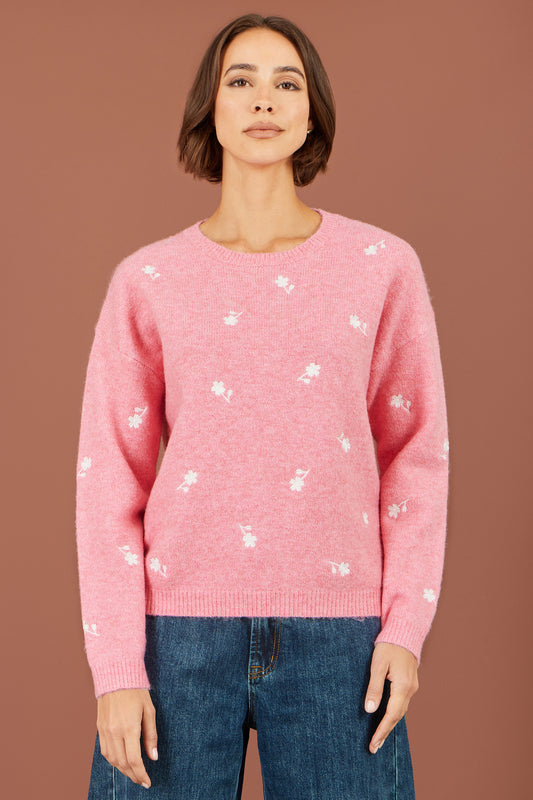 Yumi Pink Daisy Embroidered Relaxed Jumper Knit Jumper Yumi