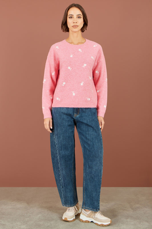 Yumi Pink Daisy Embroidered Relaxed Jumper Knit Jumper Yumi