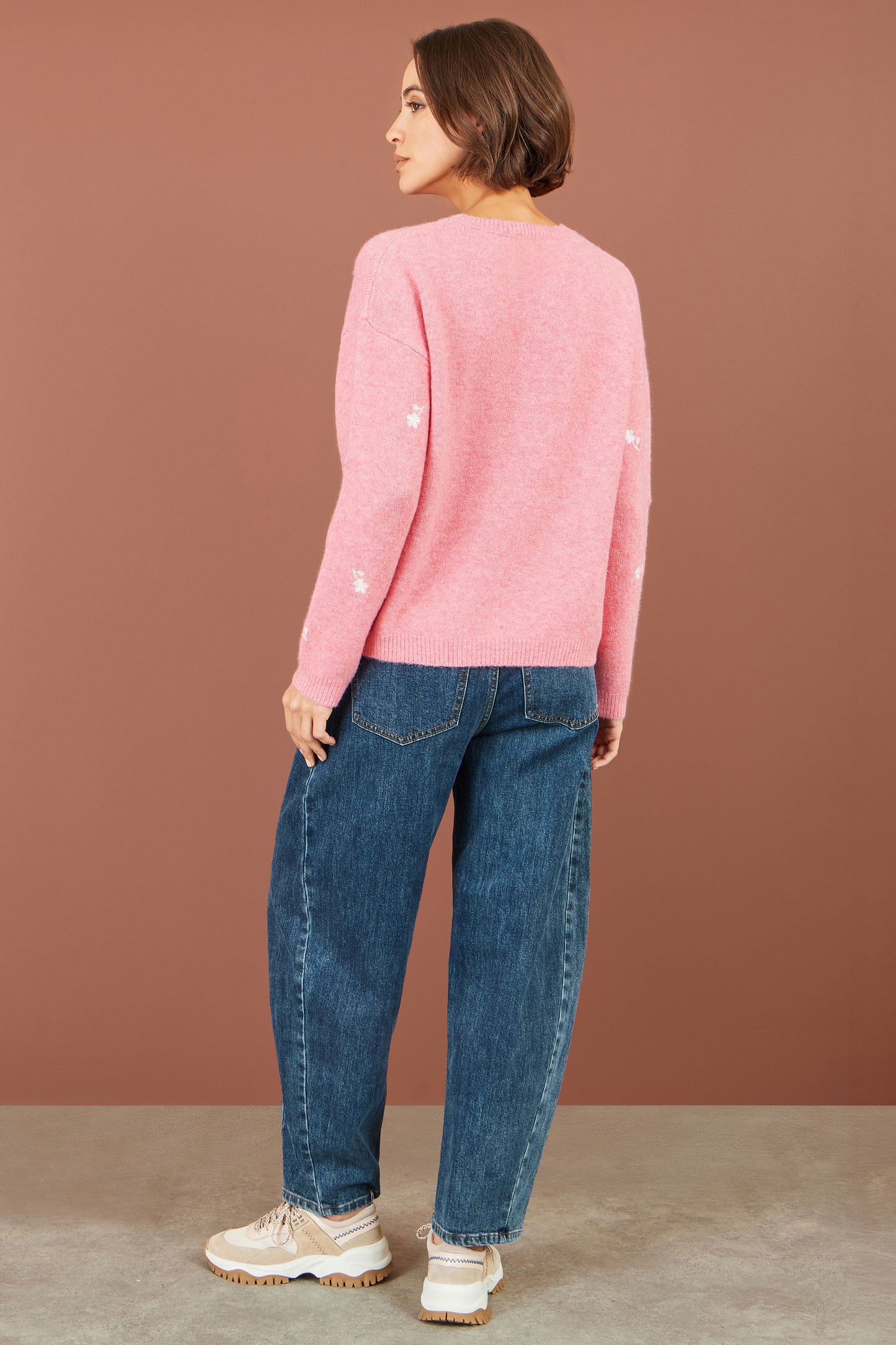 Yumi Pink Daisy Embroidered Relaxed Jumper Knit Jumper Yumi
