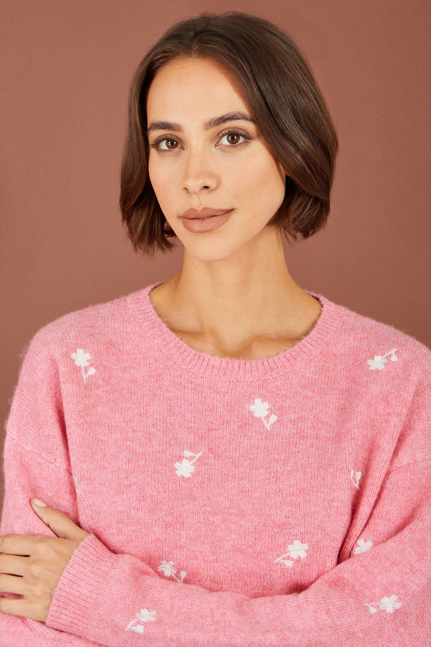 Yumi Pink Daisy Embroidered Relaxed Jumper Knit Jumper Yumi