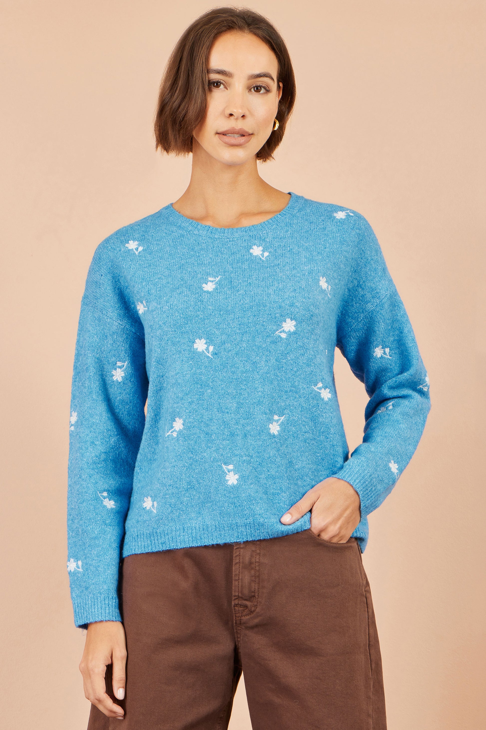 Yumi Blue Daisy Embroidered Relaxed Jumper Knit Jumper Yumi