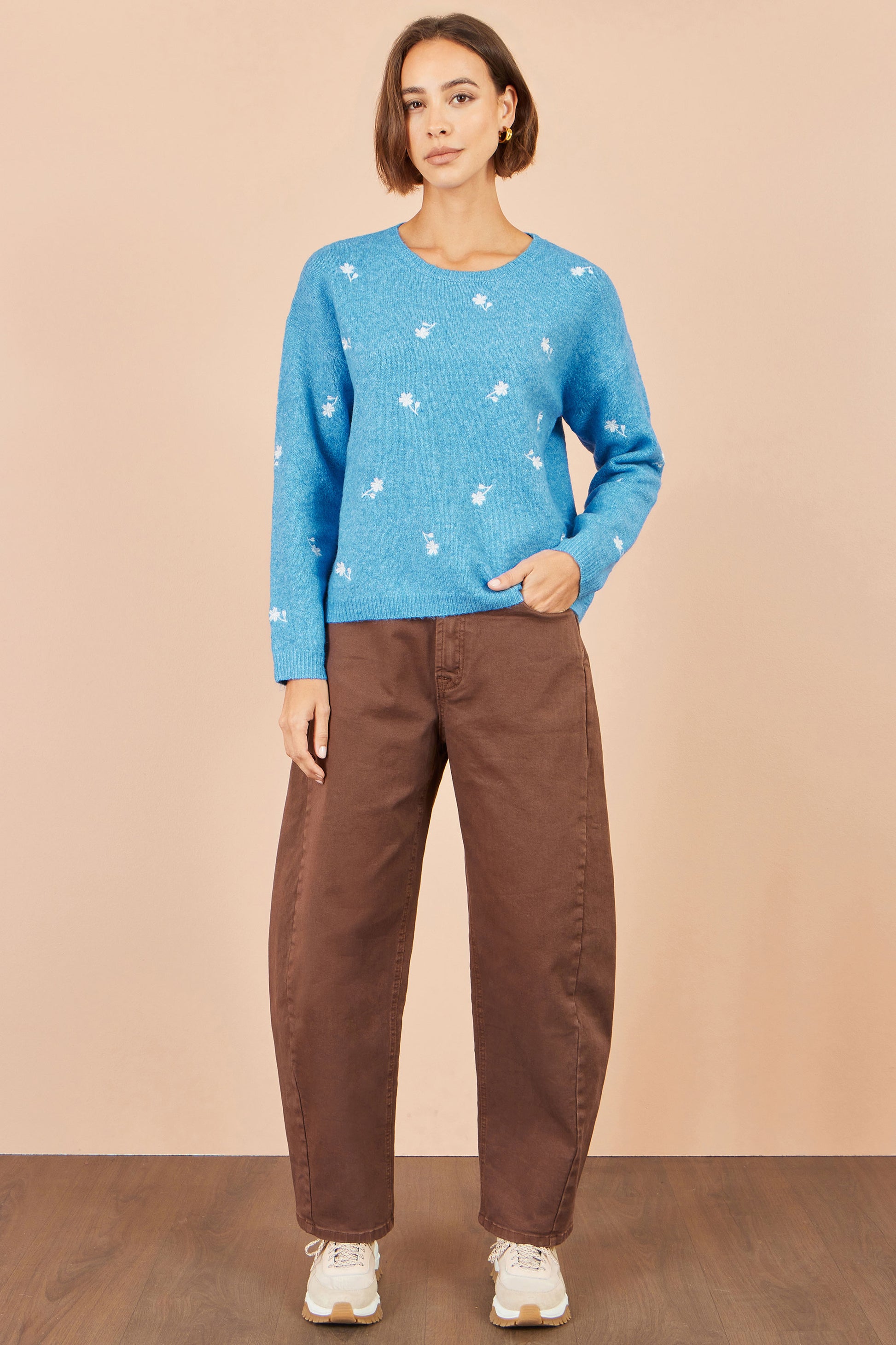 Yumi Blue Daisy Embroidered Relaxed Jumper Knit Jumper Yumi