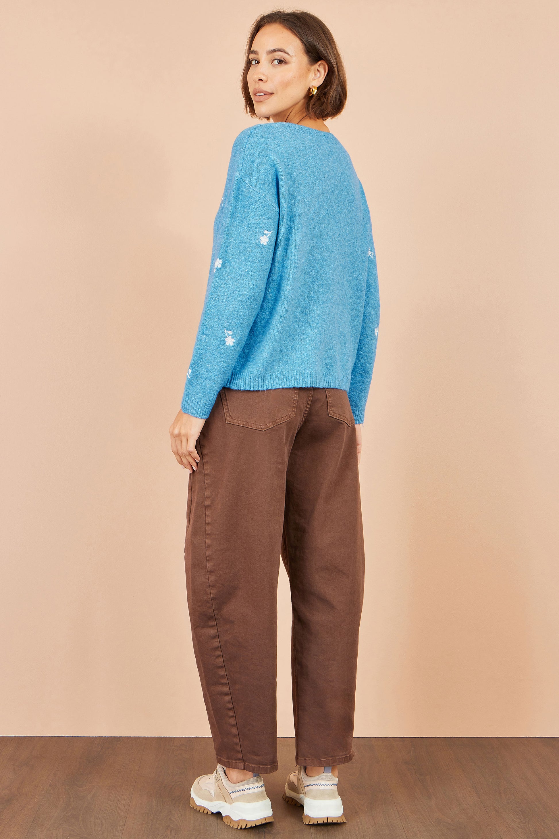 Yumi Blue Daisy Embroidered Relaxed Jumper Knit Jumper Yumi