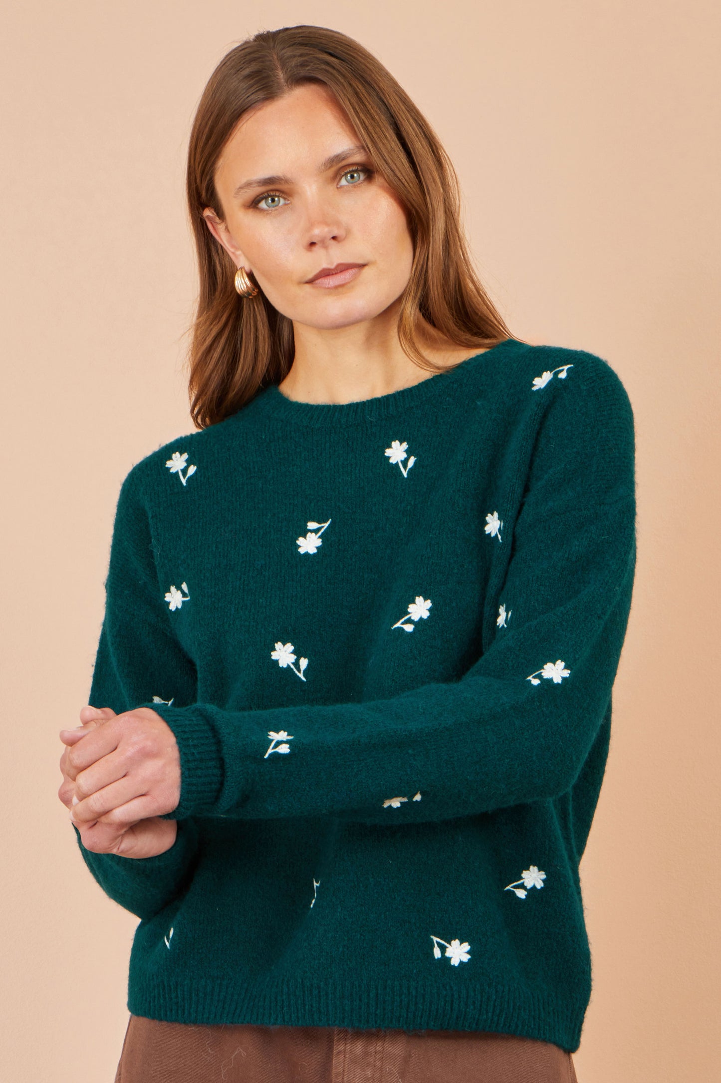 Yumi Green Daisy Embroidered Relaxed Jumper Knit Jumper Yumi