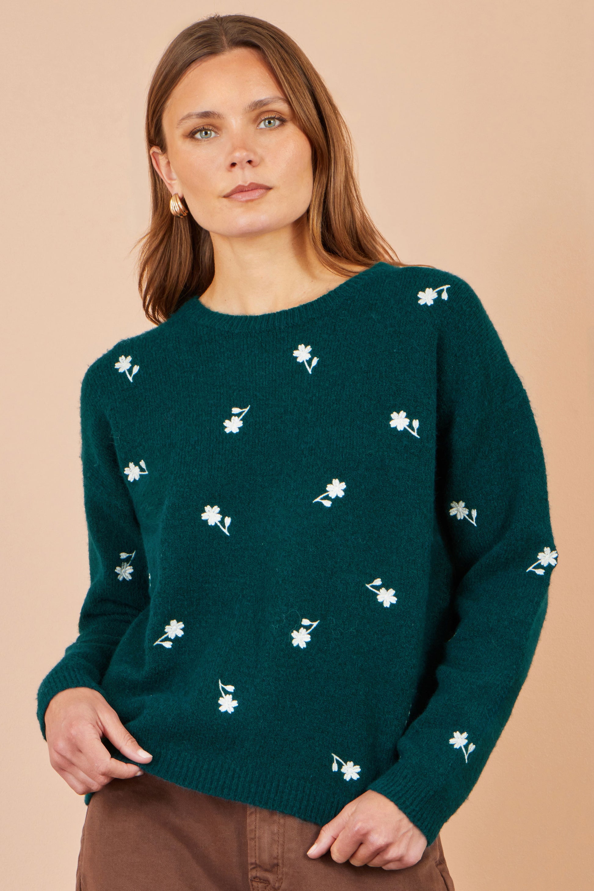 Yumi Green Daisy Embroidered Relaxed Jumper Knit Jumper Yumi
