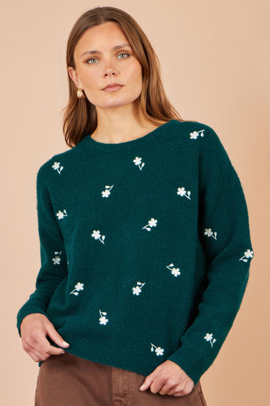 Yumi Green Daisy Embroidered Relaxed Jumper Knit Jumper Yumi