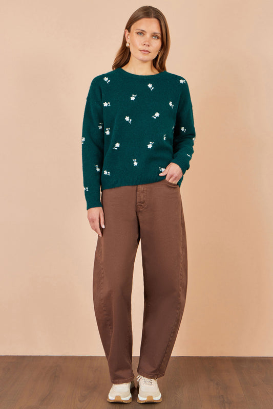 Yumi Green Daisy Embroidered Relaxed Jumper Knit Jumper Yumi