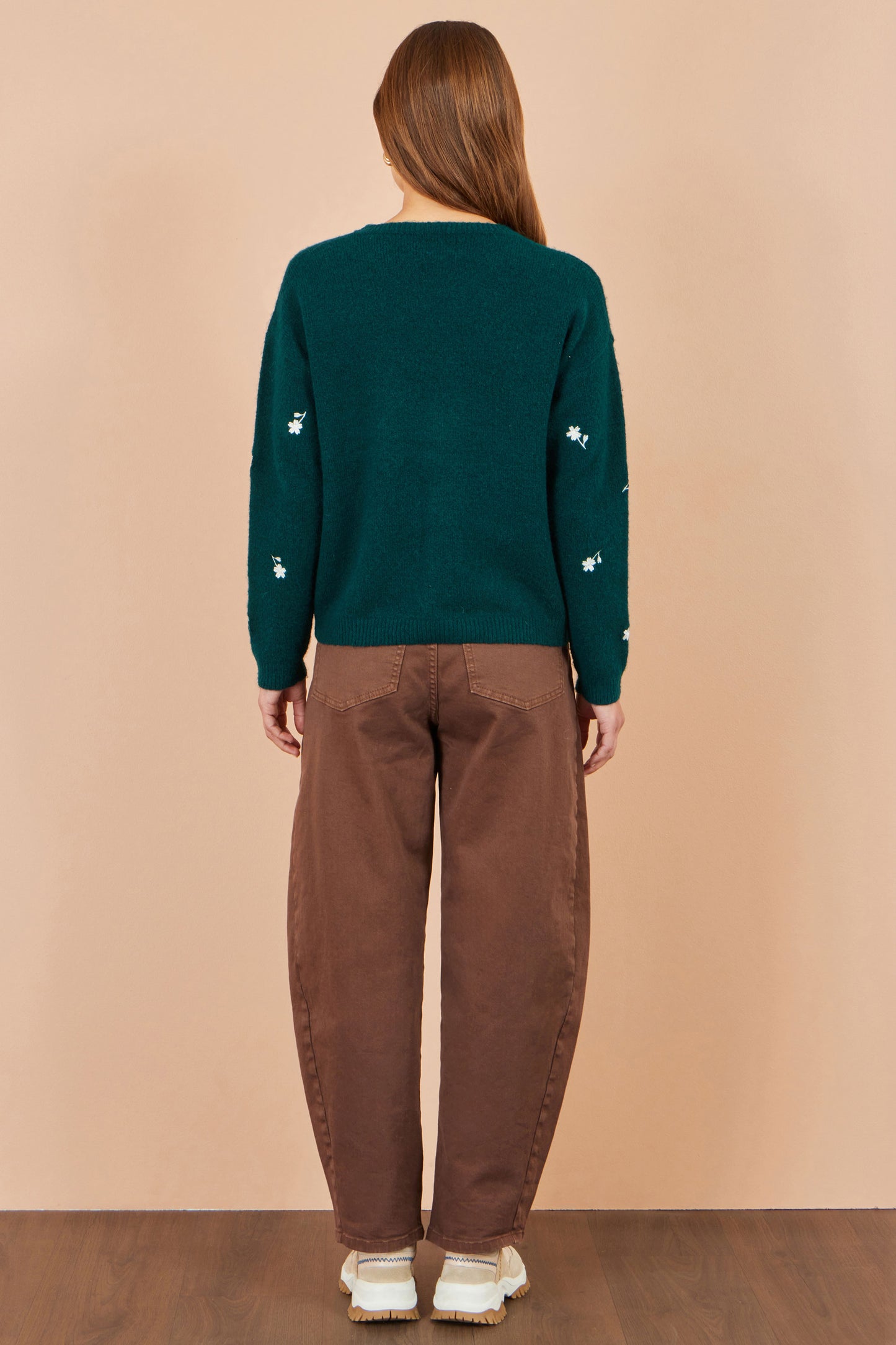 Yumi Green Daisy Embroidered Relaxed Jumper Knit Jumper Yumi