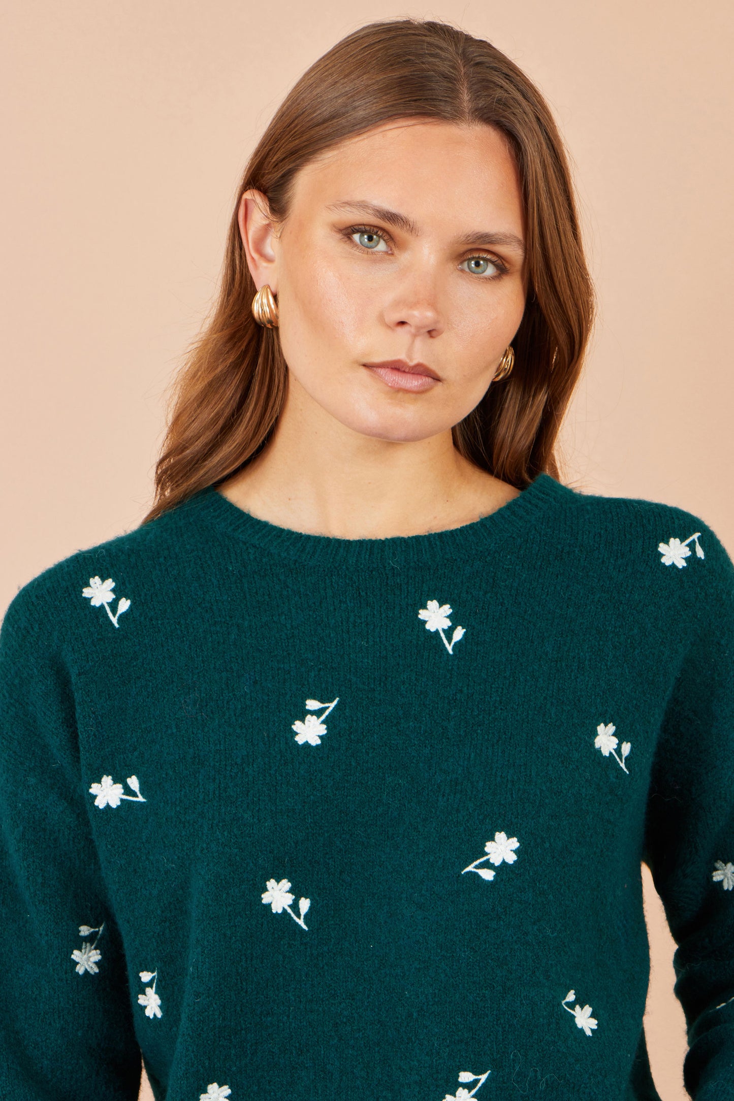 Yumi Green Daisy Embroidered Relaxed Jumper Knit Jumper Yumi