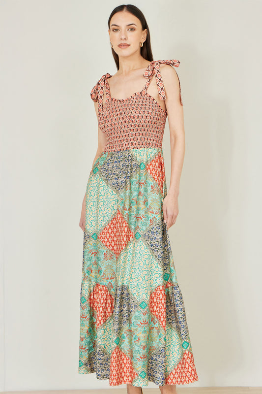 Yumi Multicolour Patchwork Ruched Smocked Maxi Sundress Dress Casual Yumi