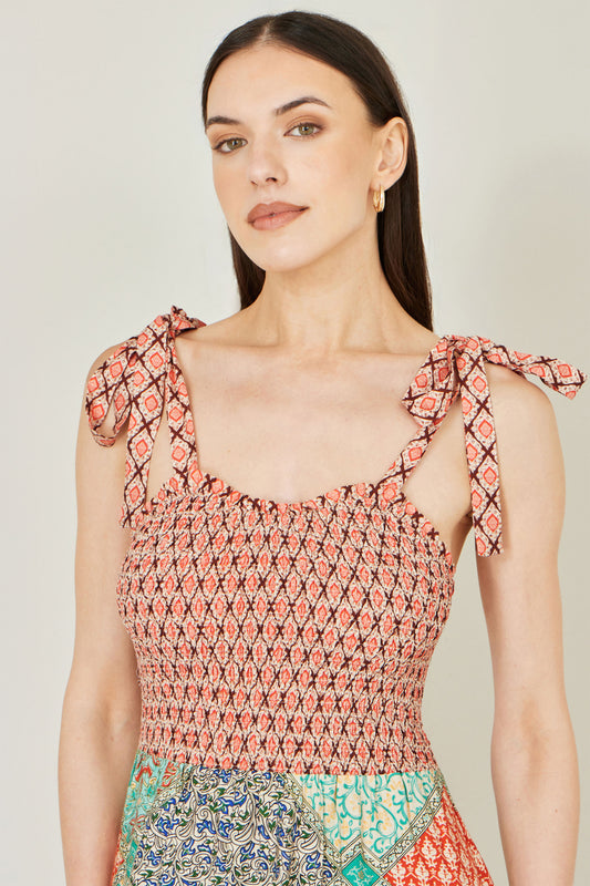 Yumi Multicolour Patchwork Ruched Smocked Maxi Sundress Dress Casual Yumi