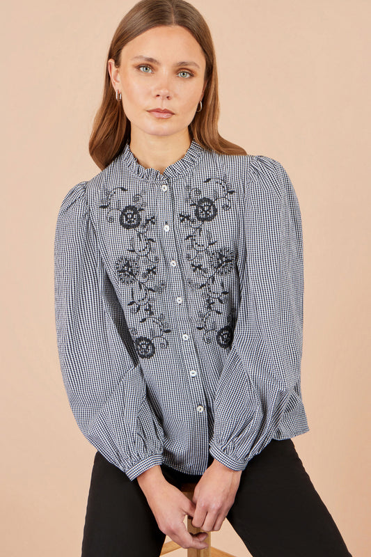 Yumi Black Cotton Gingham Embroidered Shirt Tops Yumi