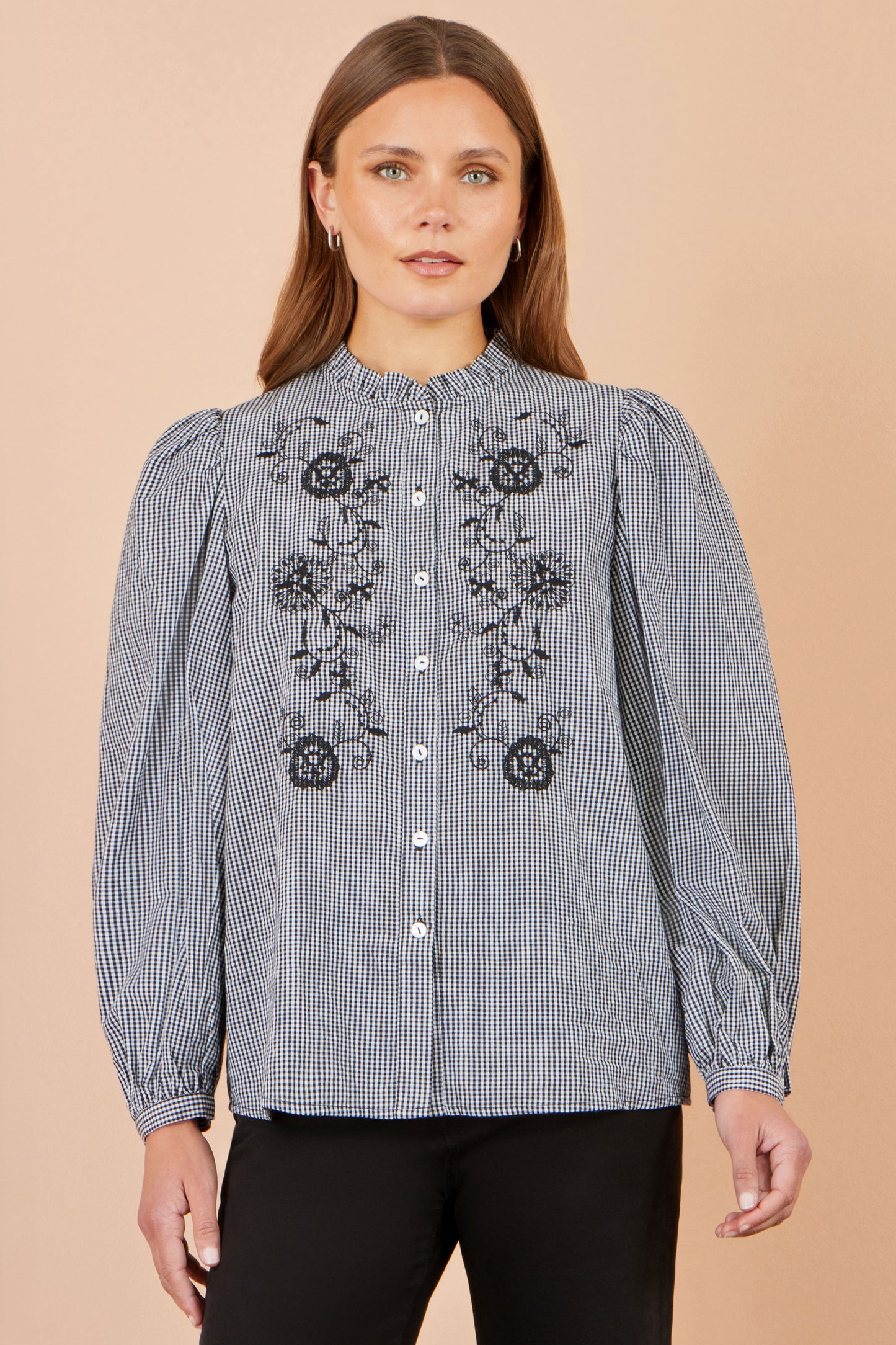 Yumi Black Cotton Gingham Embroidered Shirt Tops Yumi