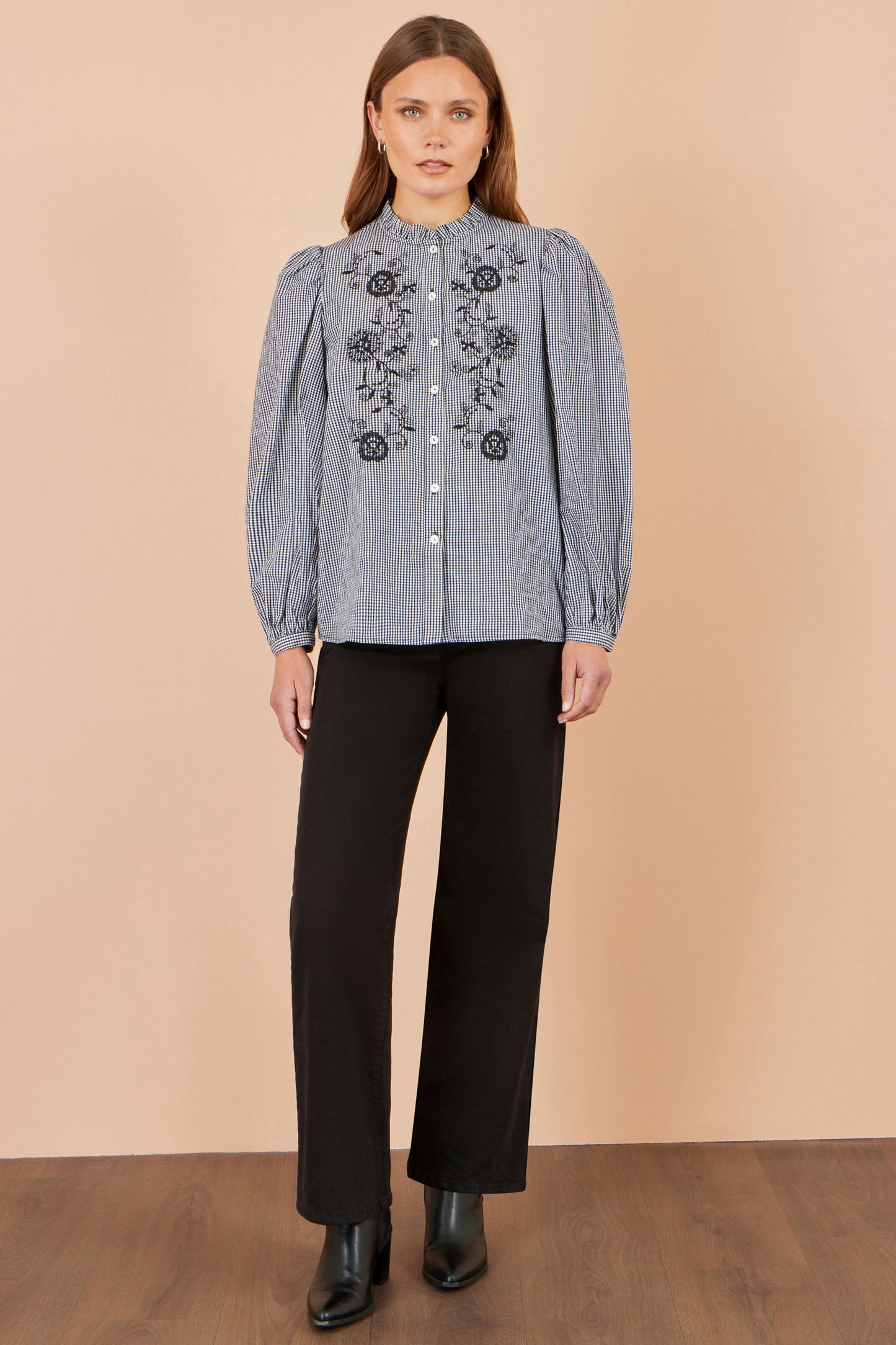 Yumi Black Cotton Gingham Embroidered Shirt Tops Yumi