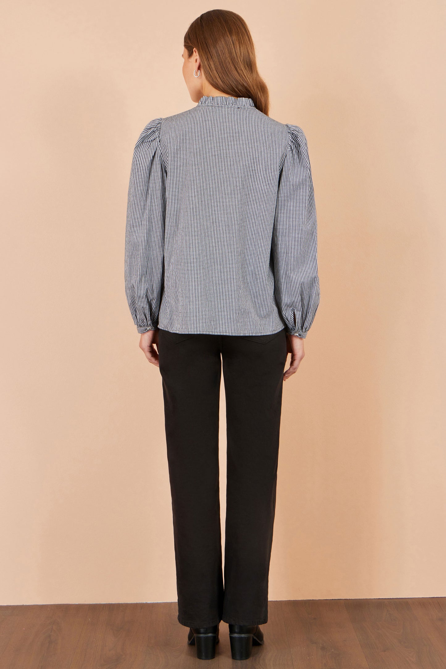 Yumi Black Cotton Gingham Embroidered Shirt Tops Yumi