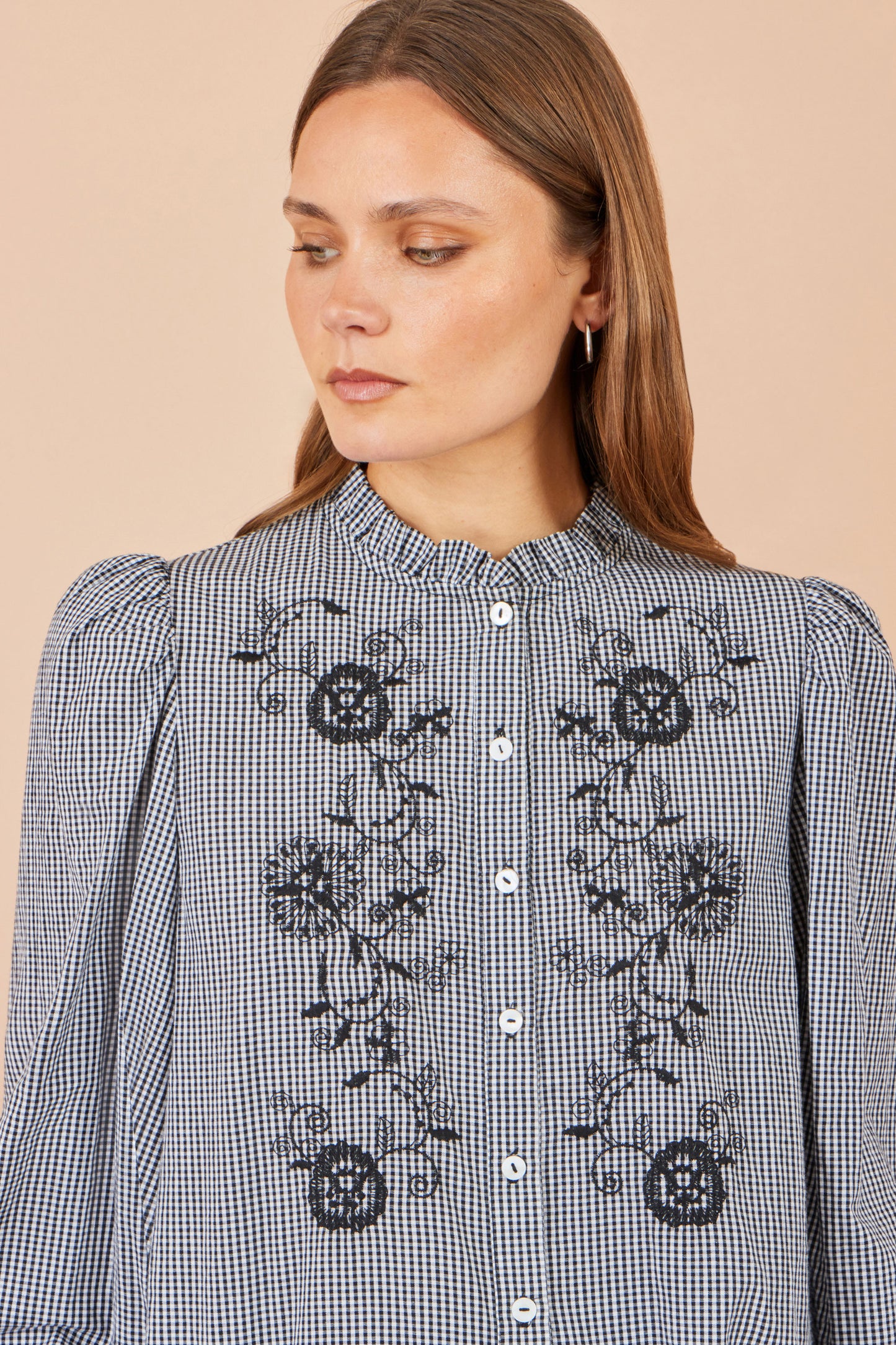 Yumi Black Cotton Gingham Embroidered Shirt Tops Yumi