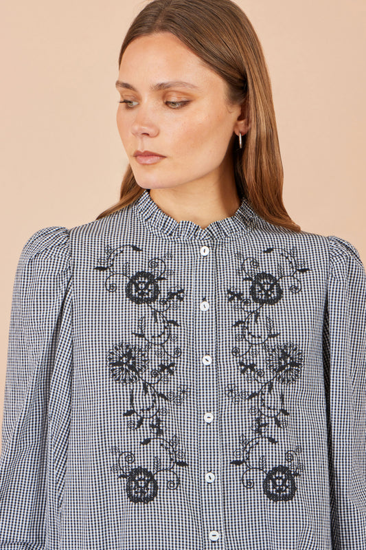 Yumi Black Cotton Gingham Embroidered Shirt Tops Yumi
