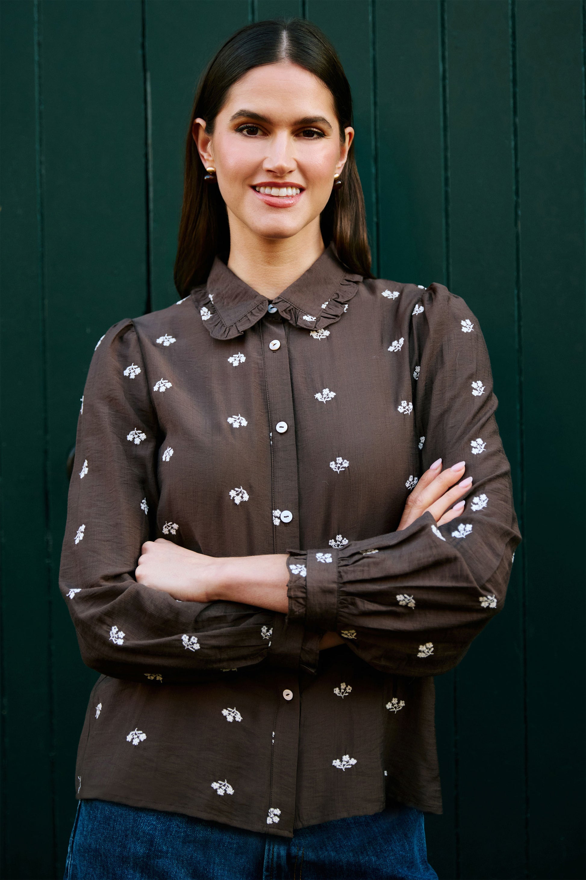 Yumi Brown Viscose Daisy Embroidered Shirt Tops Yumi