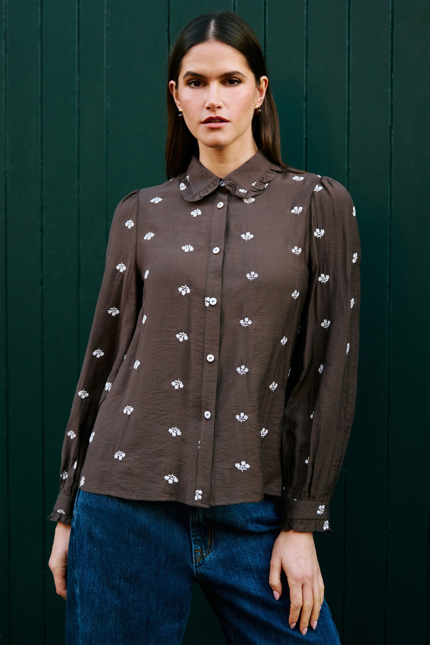 Yumi Brown Viscose Daisy Embroidered Shirt Tops Yumi