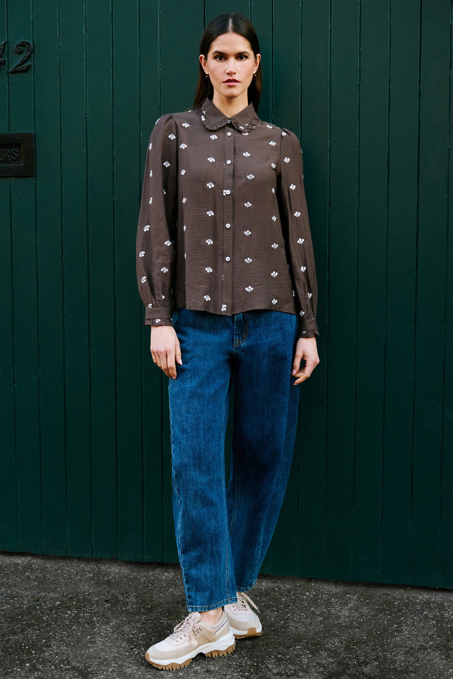 Yumi Brown Viscose Daisy Embroidered Shirt Tops Yumi