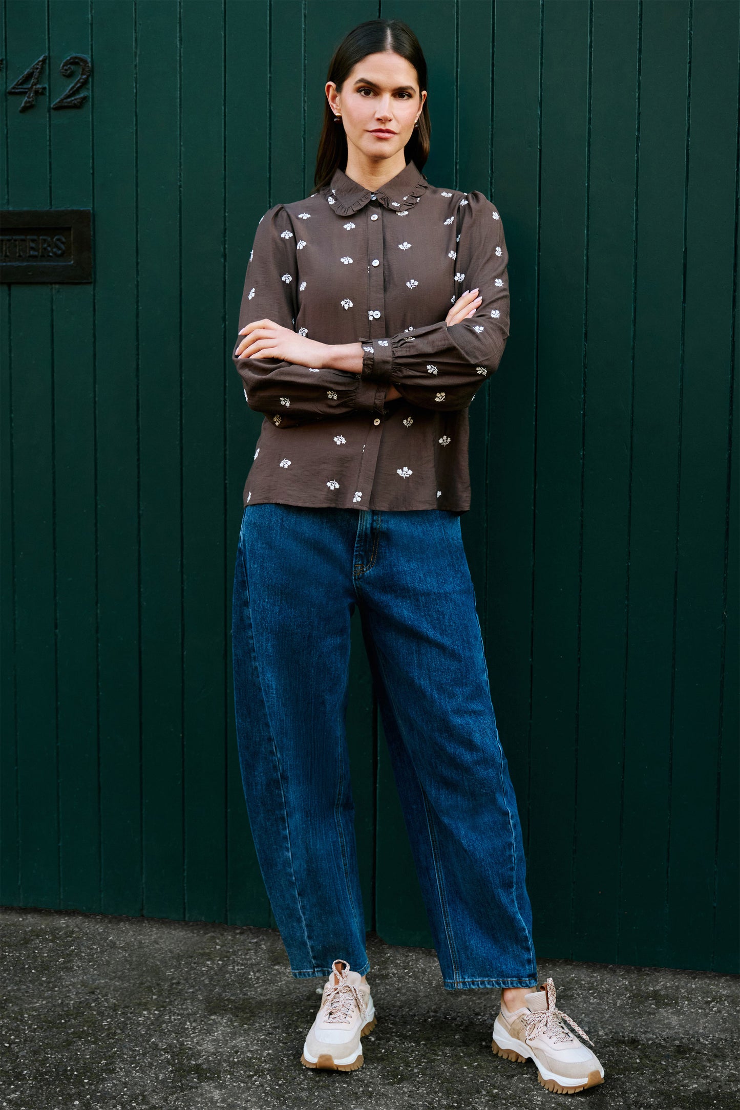 Yumi Brown Viscose Daisy Embroidered Shirt Tops Yumi
