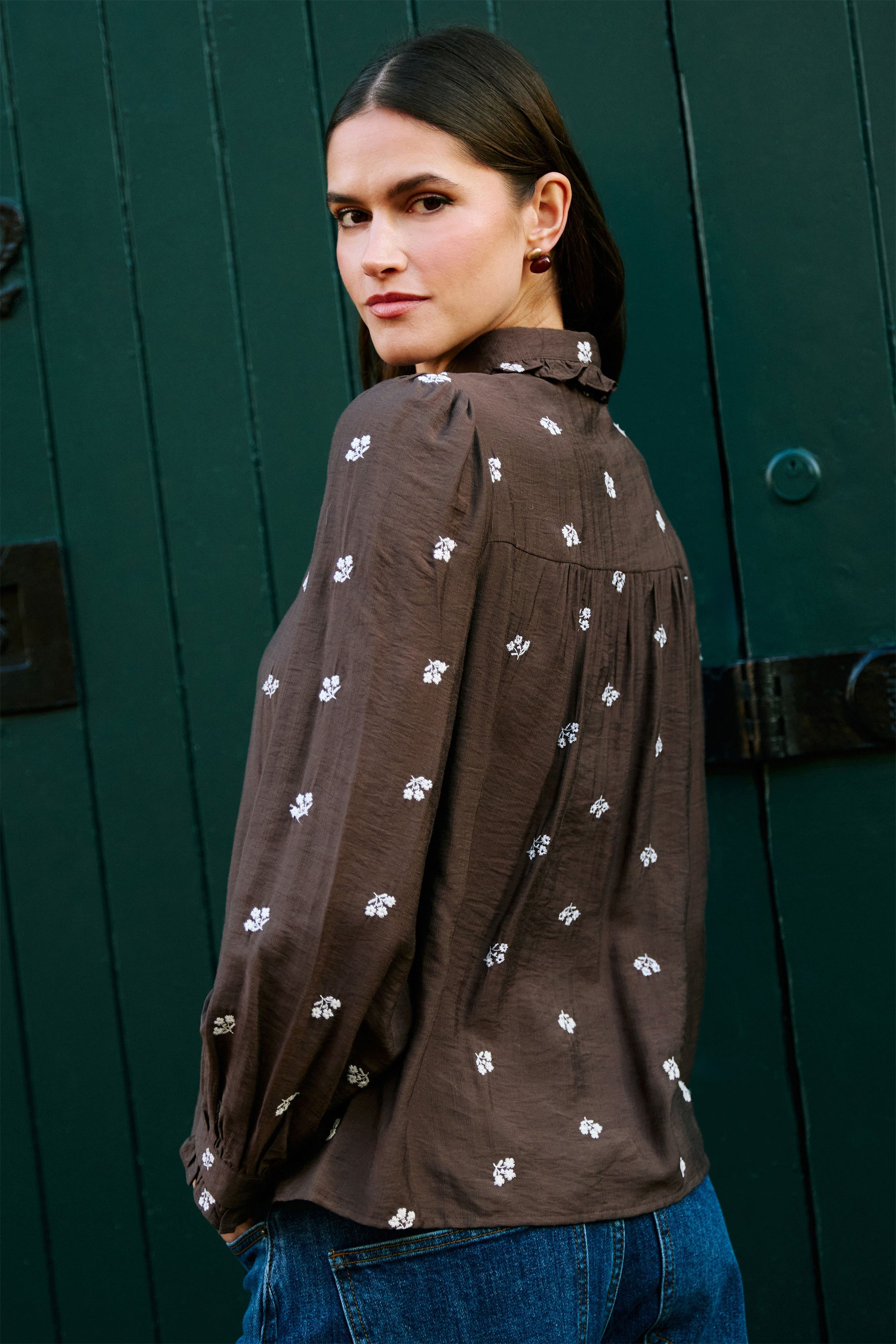 Yumi Brown Viscose Daisy Embroidered Shirt Tops Yumi