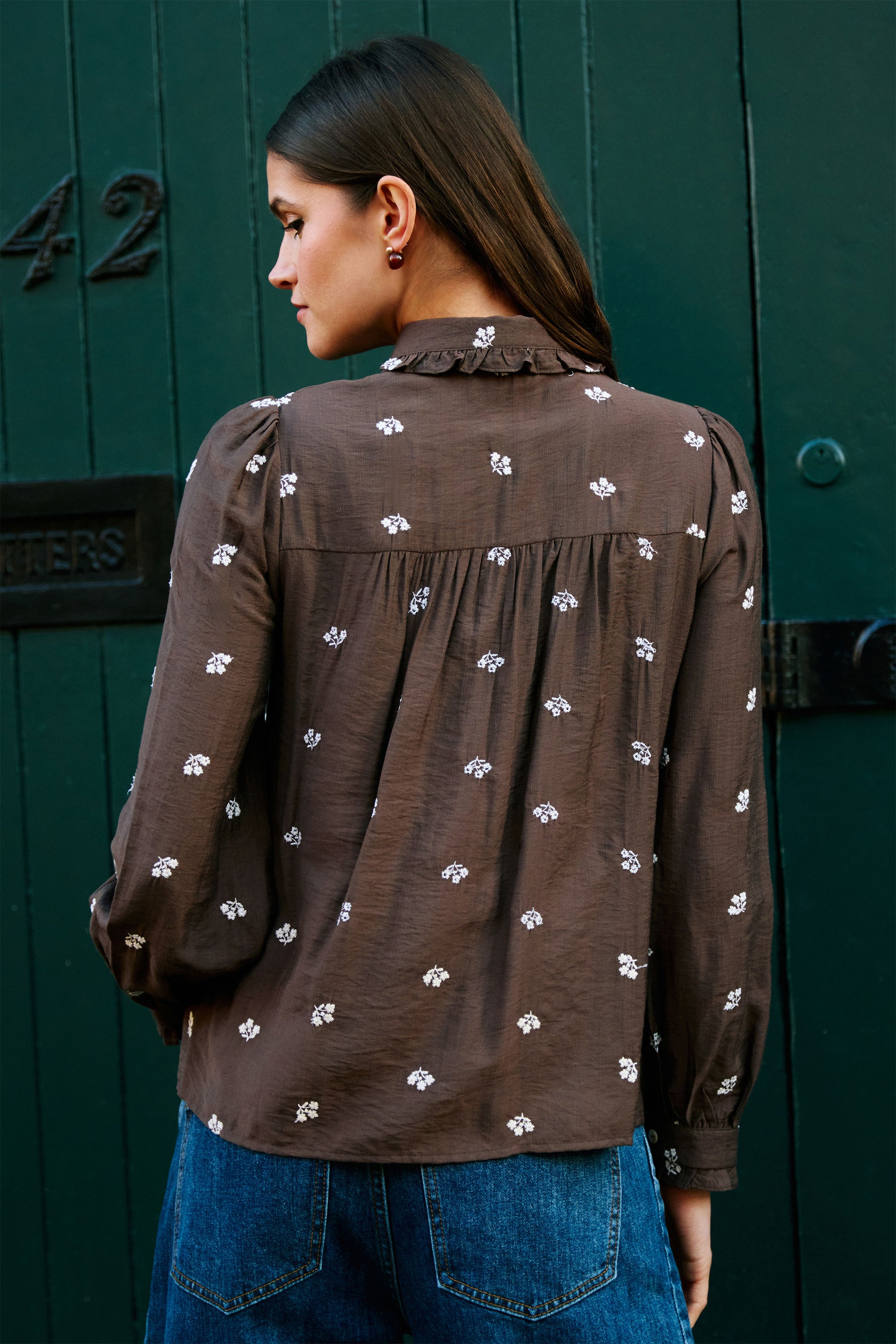Yumi Brown Viscose Daisy Embroidered Shirt Tops Yumi