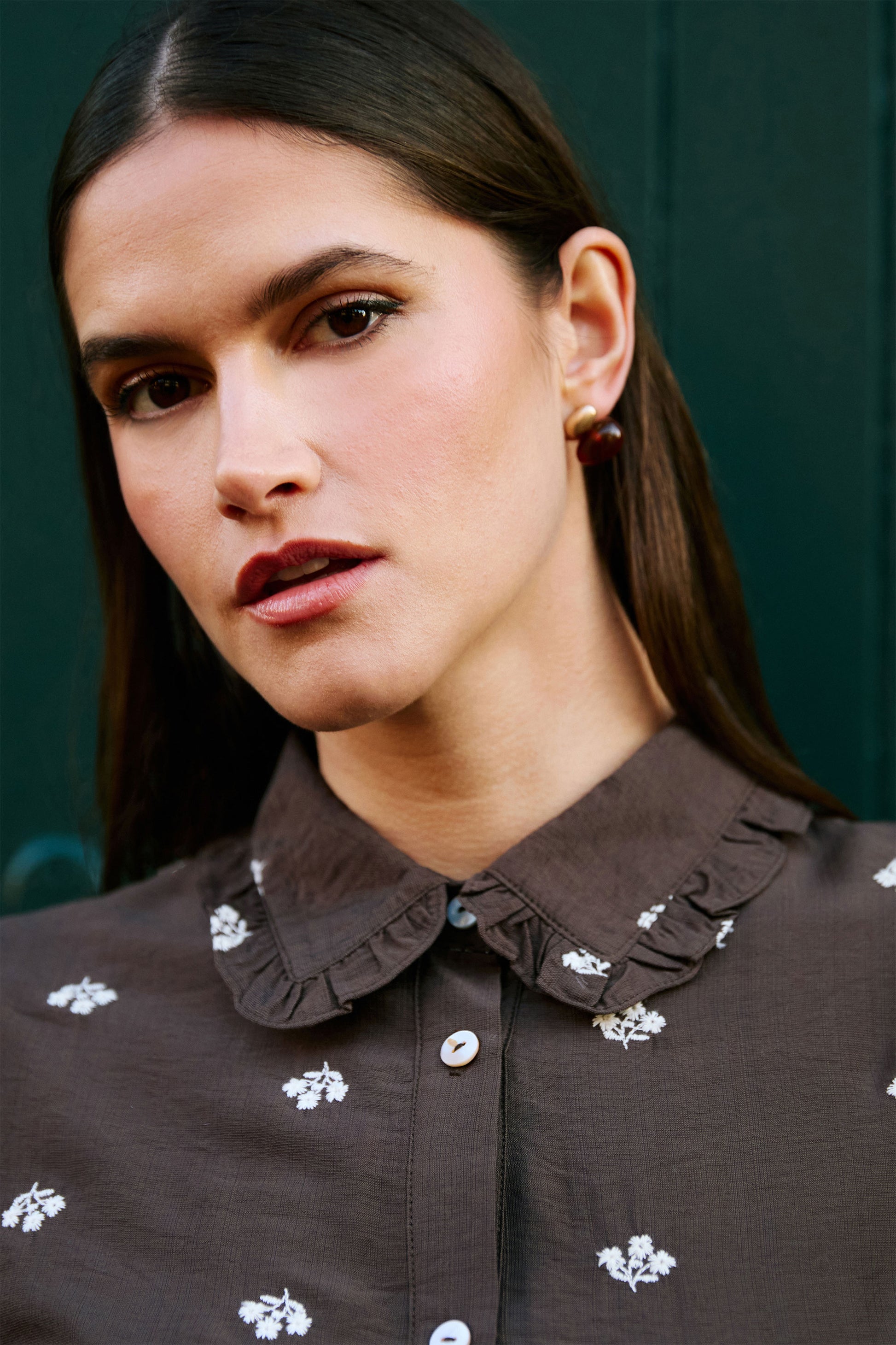 Yumi Brown Viscose Daisy Embroidered Shirt Tops Yumi