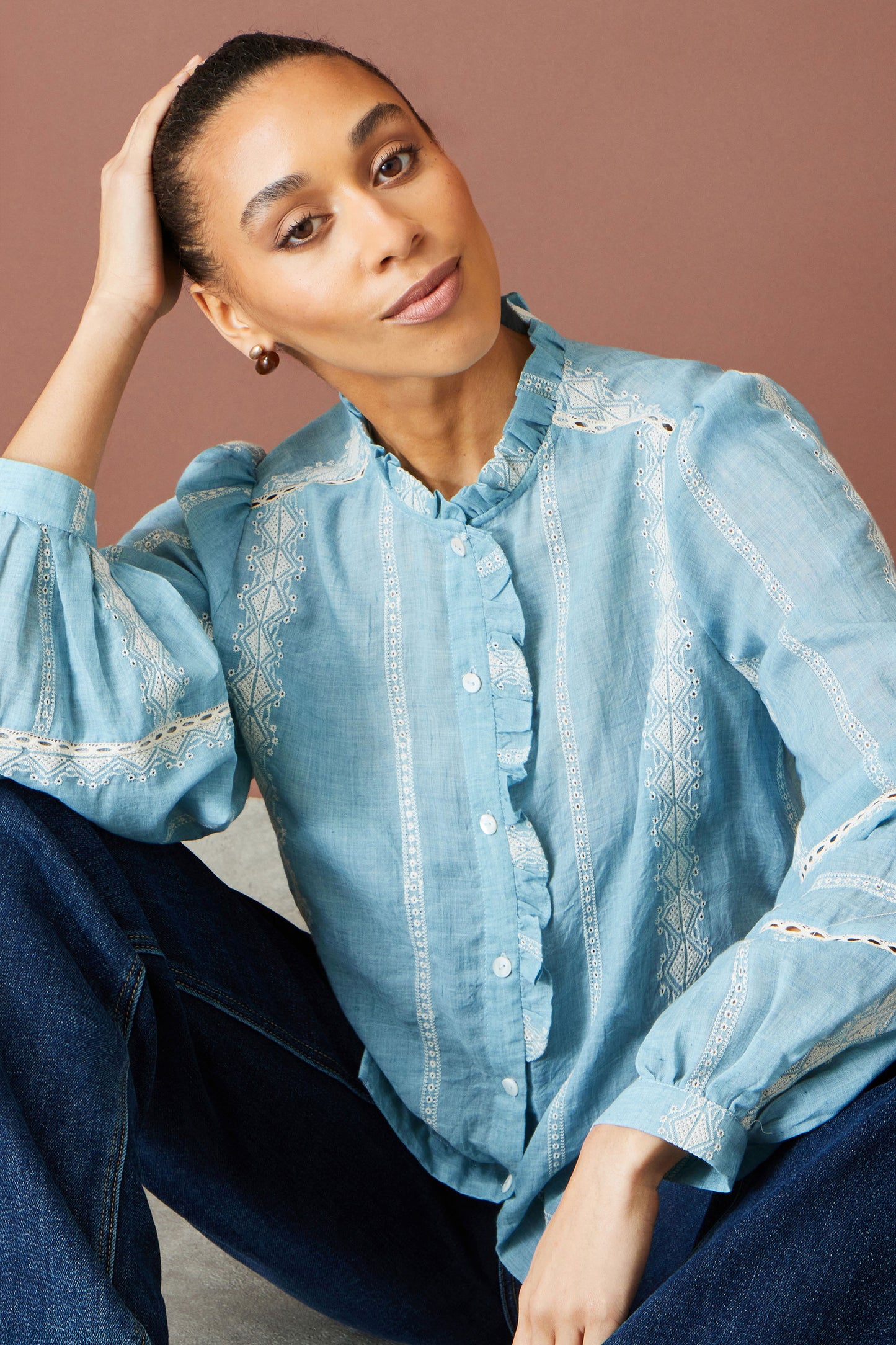 Yumi Blue Cotton Embroidered Panel Shirt Tops Yumi