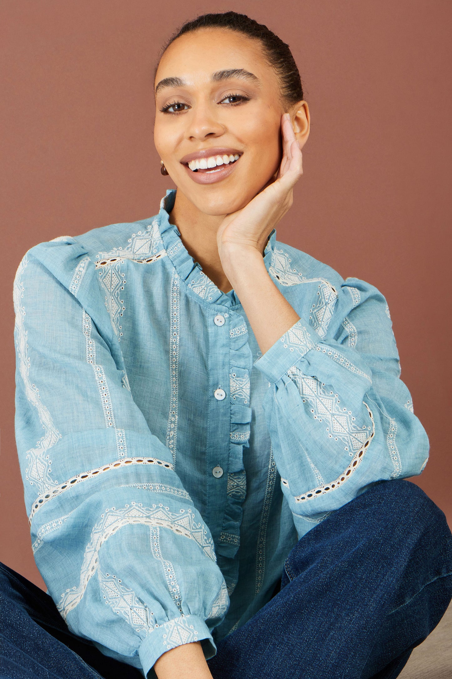 Yumi Blue Cotton Embroidered Panel Shirt Tops Yumi