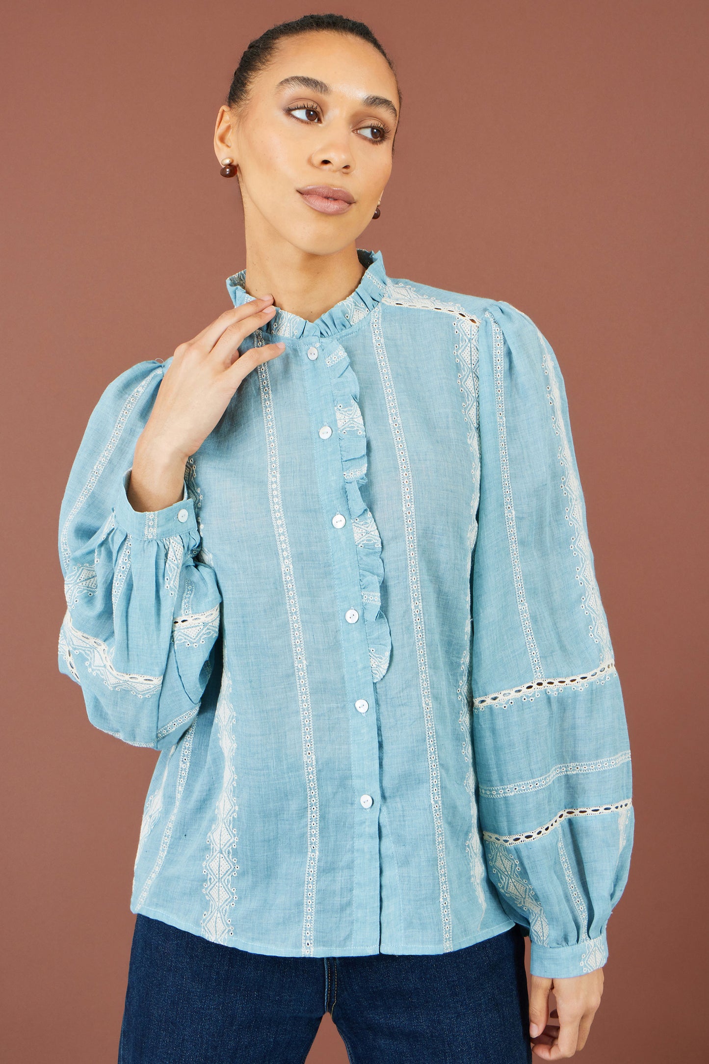 Yumi Blue Cotton Embroidered Panel Shirt Tops Yumi