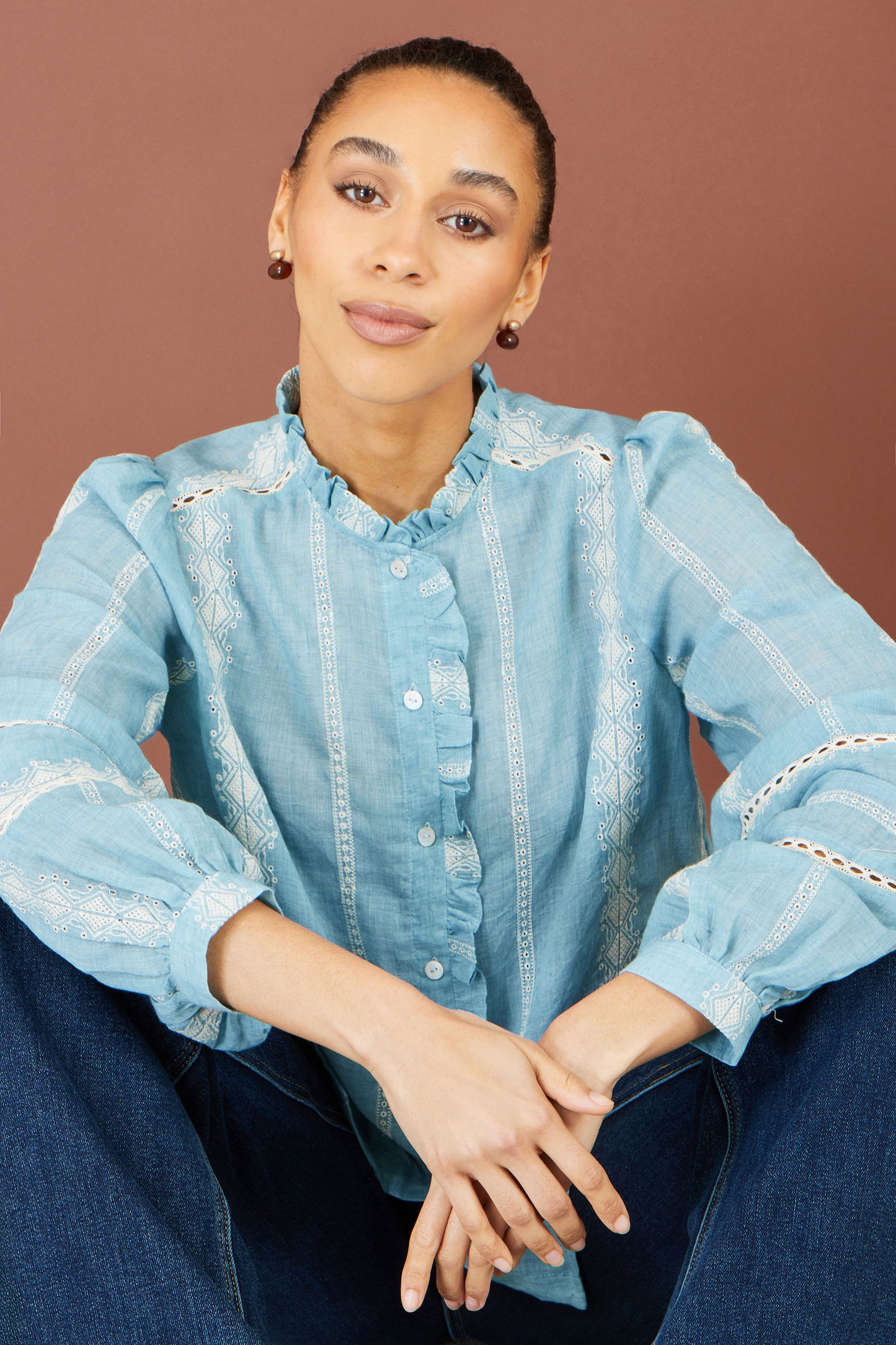 Yumi Blue Cotton Embroidered Panel Shirt Tops Yumi