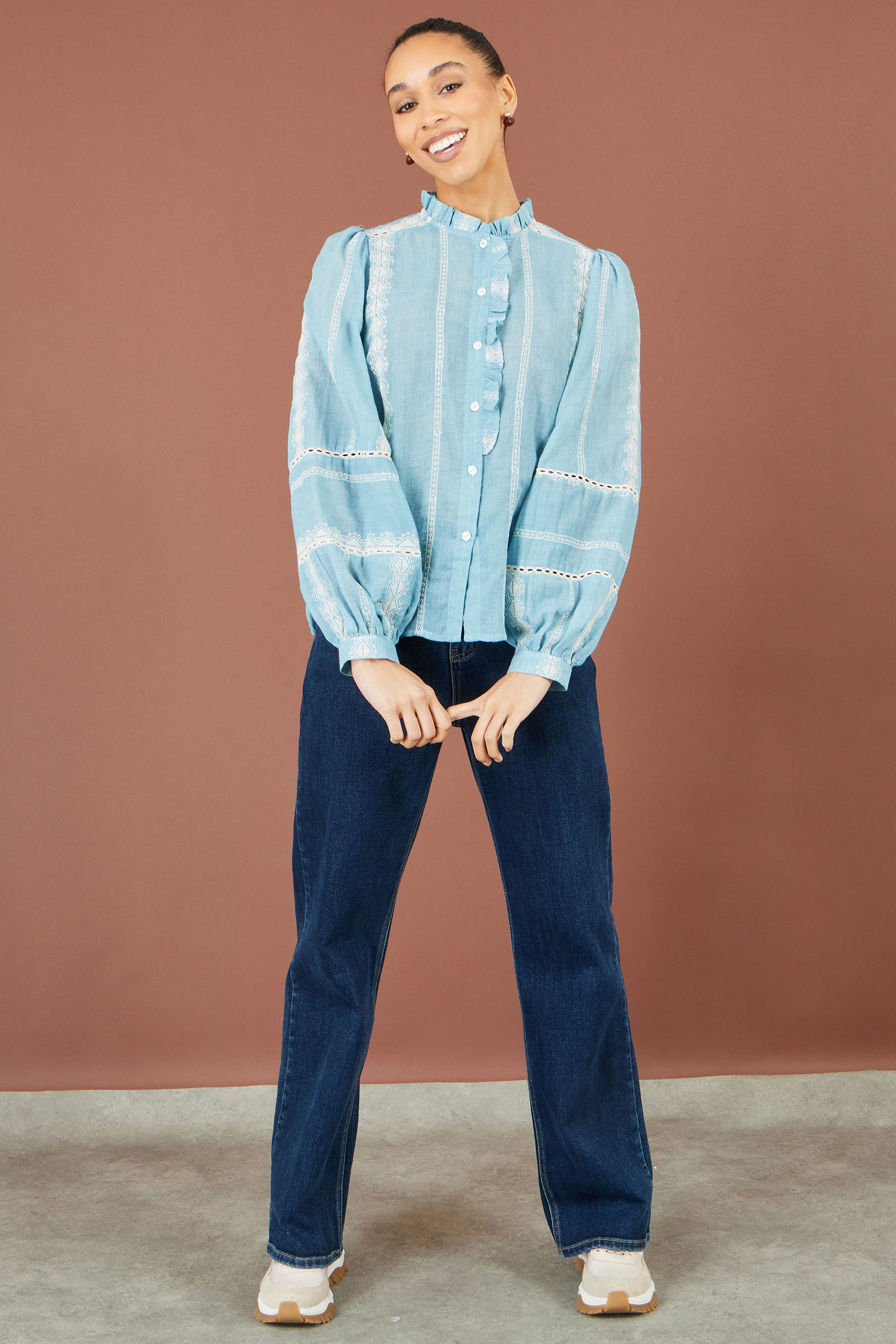 Yumi Blue Cotton Embroidered Panel Shirt Tops Yumi