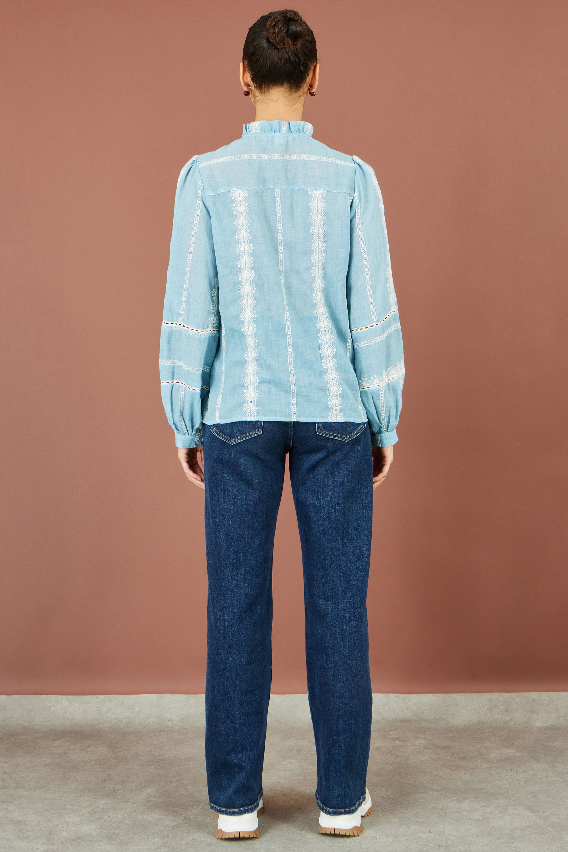 Yumi Blue Cotton Embroidered Panel Shirt Tops Yumi