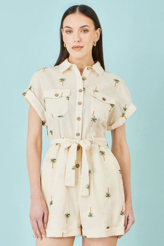 Yumi White Embroidered Palm Print Cotton Playsuit PLAYSUIT Yumi