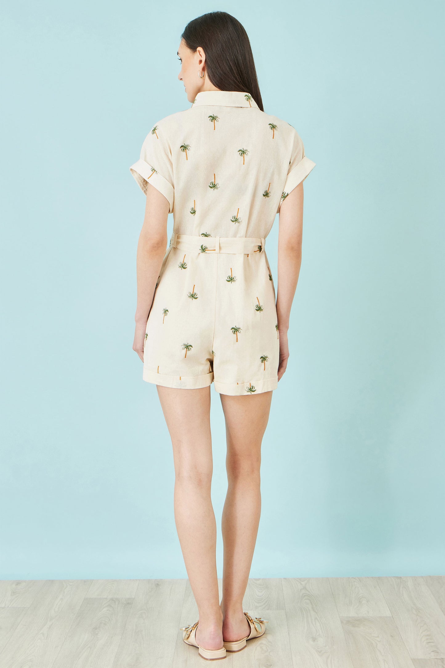 Yumi White Embroidered Palm Print Cotton Playsuit PLAYSUIT Yumi