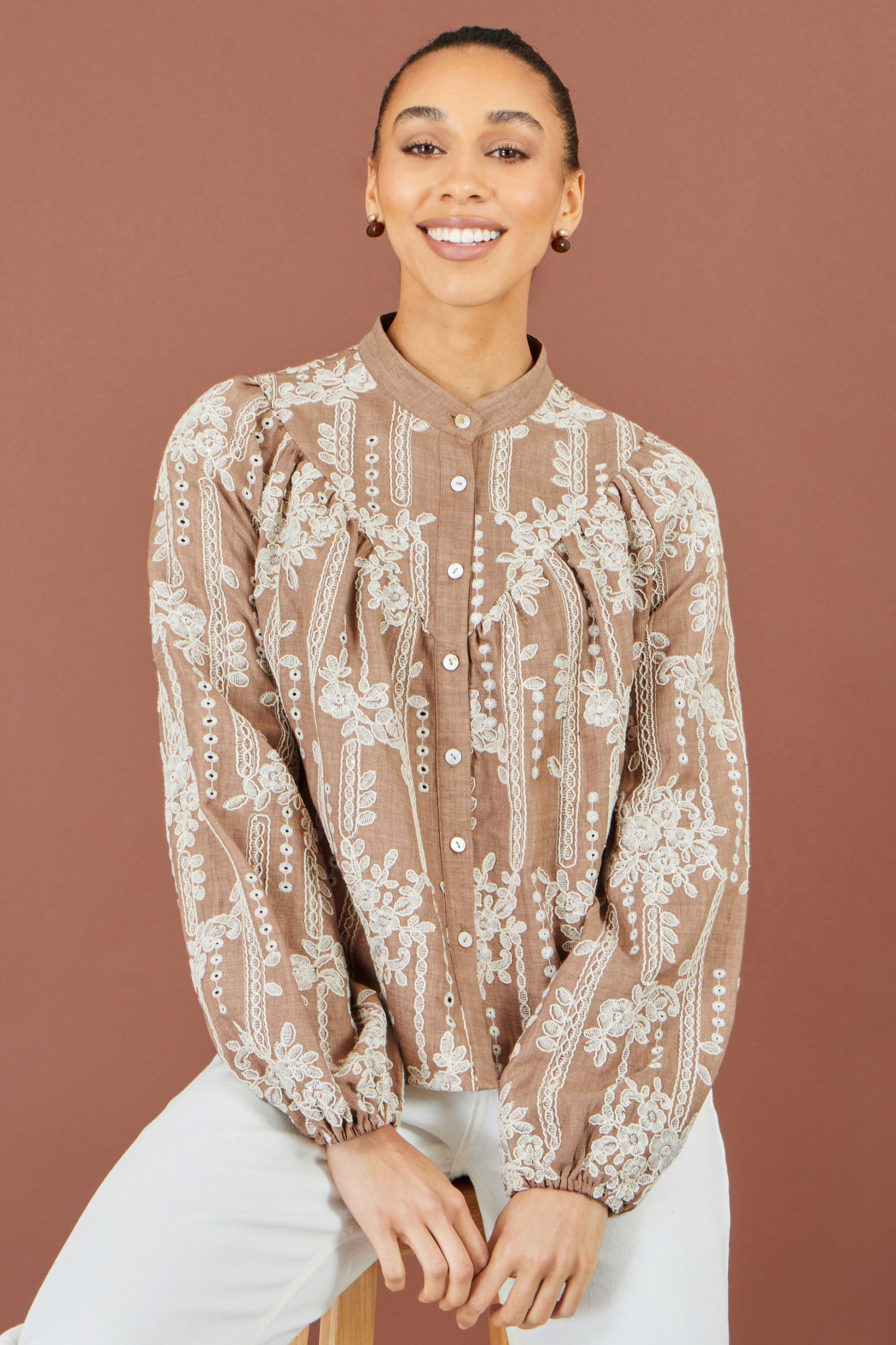 Yumi Brown Embroidered Floral Relaxed Shirt Tops Yumi