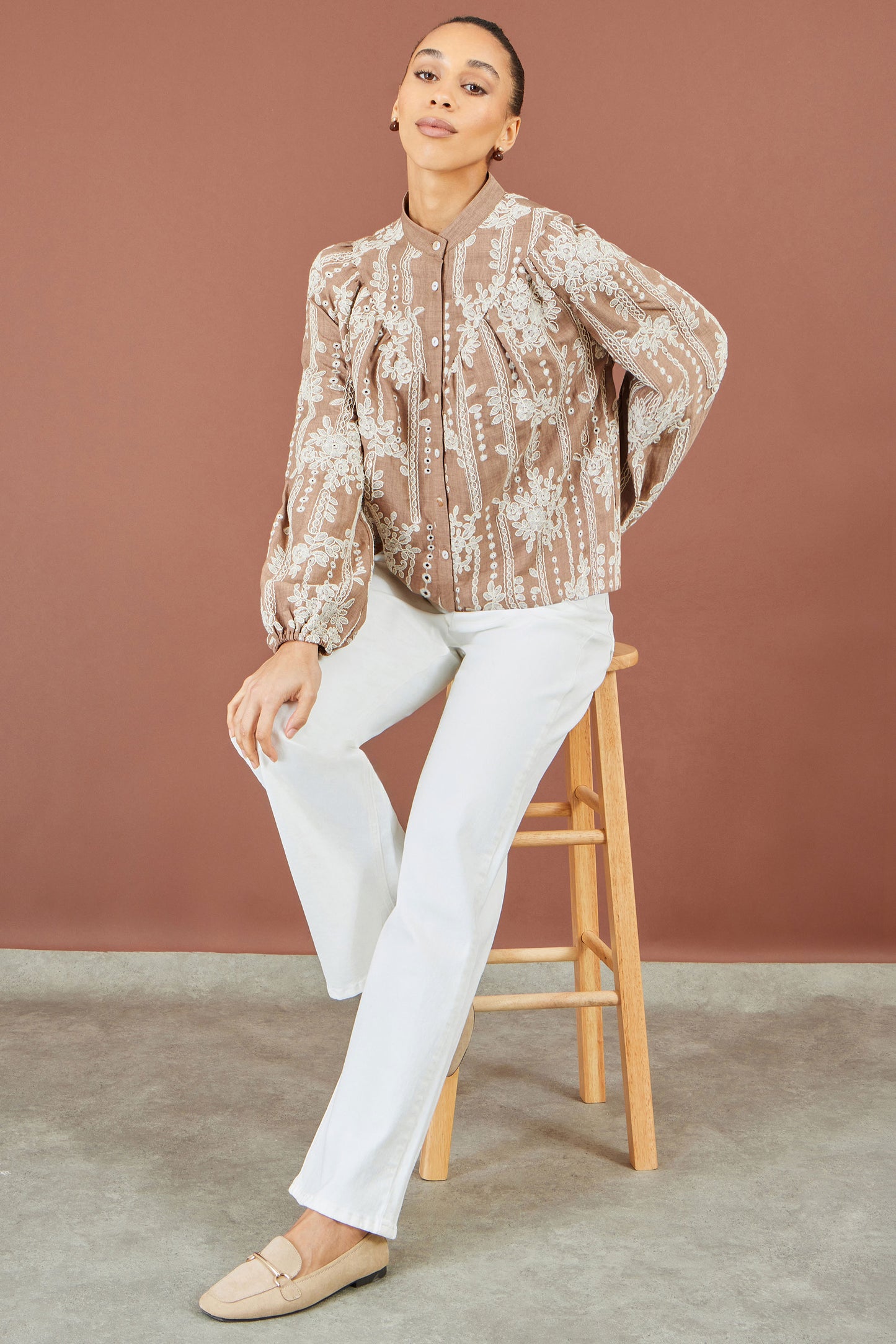 Yumi Brown Embroidered Floral Relaxed Shirt Tops Yumi