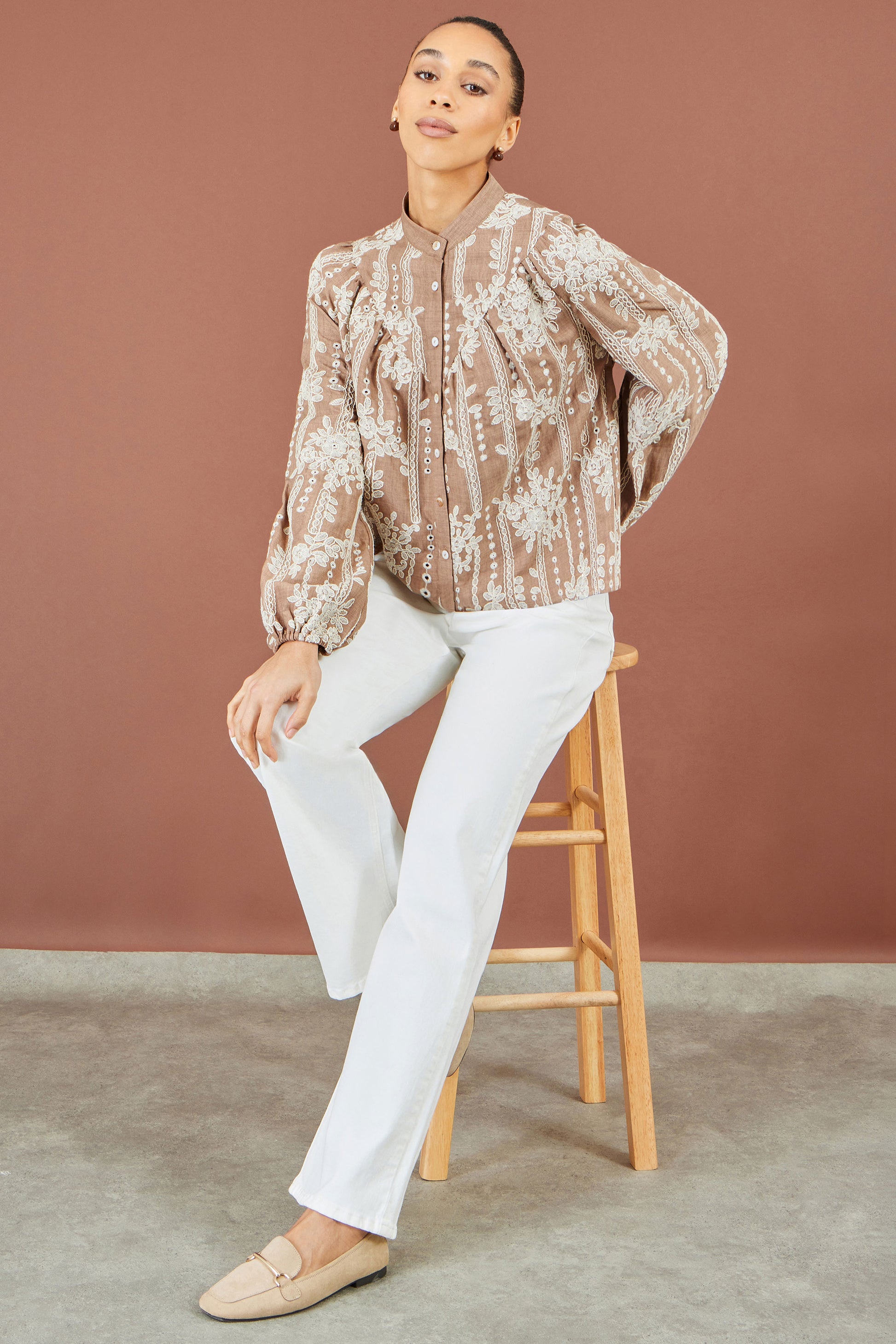 Yumi Brown Embroidered Floral Relaxed Shirt Tops Yumi