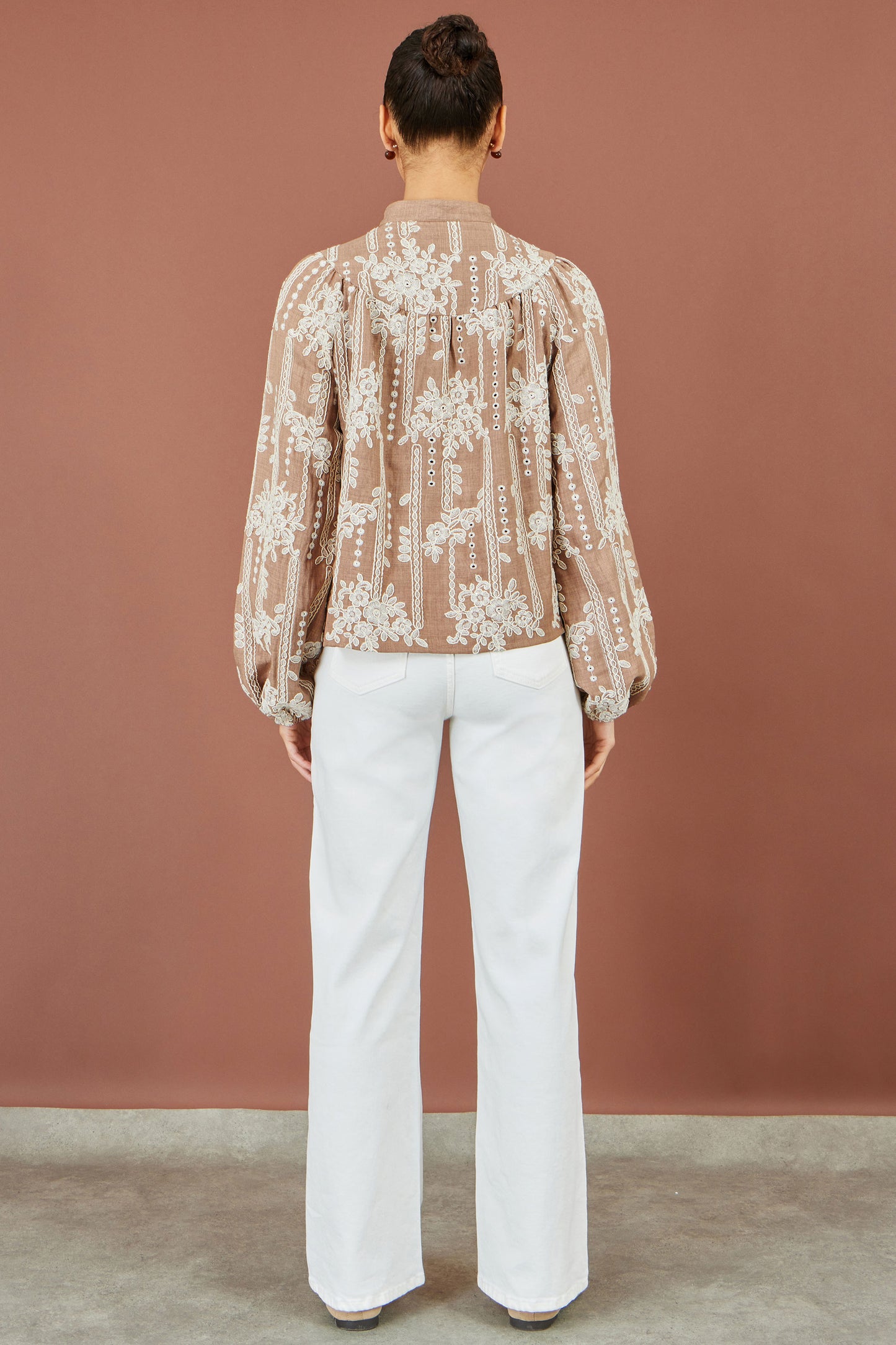 Yumi Brown Embroidered Floral Relaxed Shirt Tops Yumi