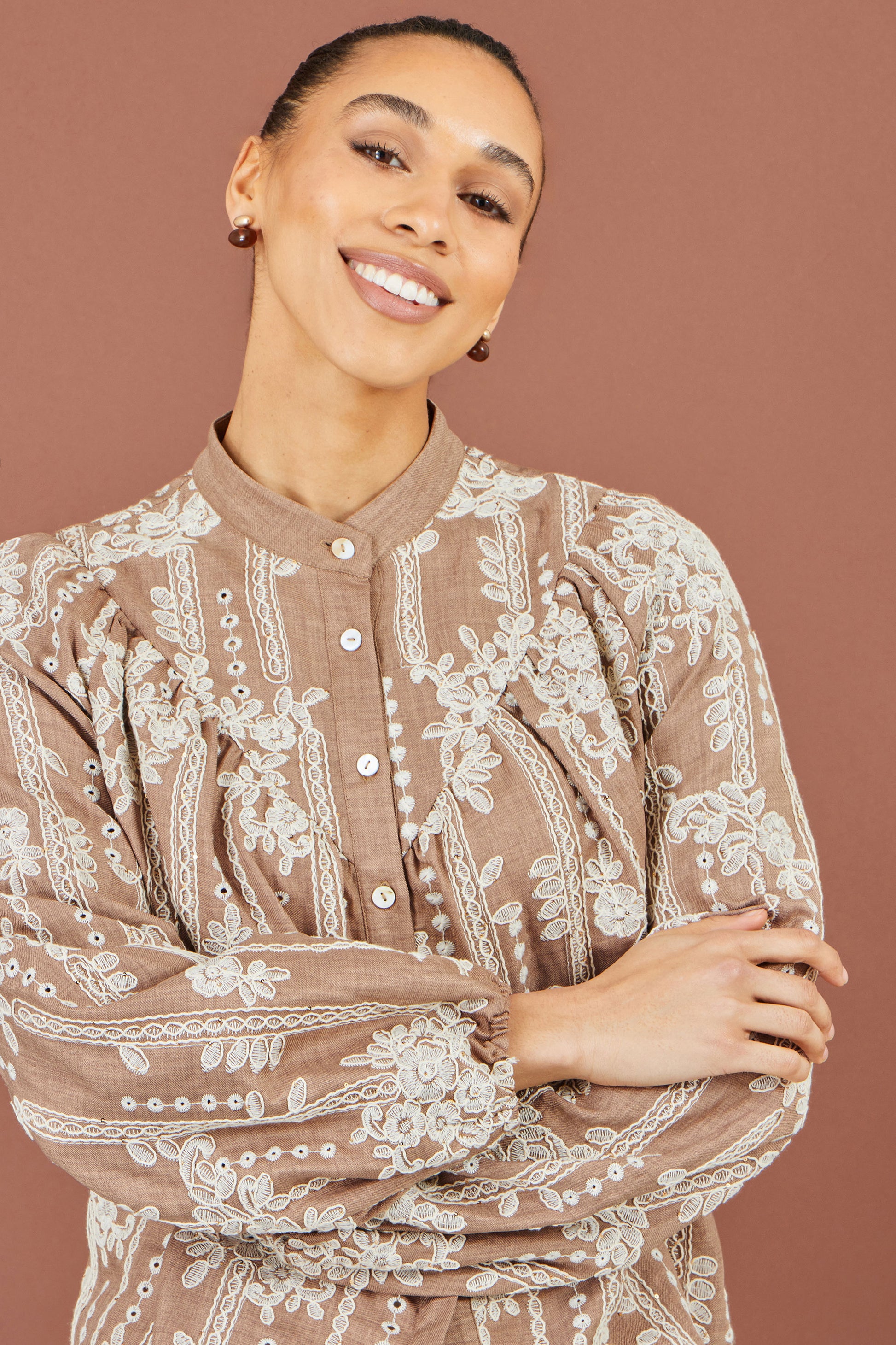 Yumi Brown Embroidered Floral Relaxed Shirt Tops Yumi