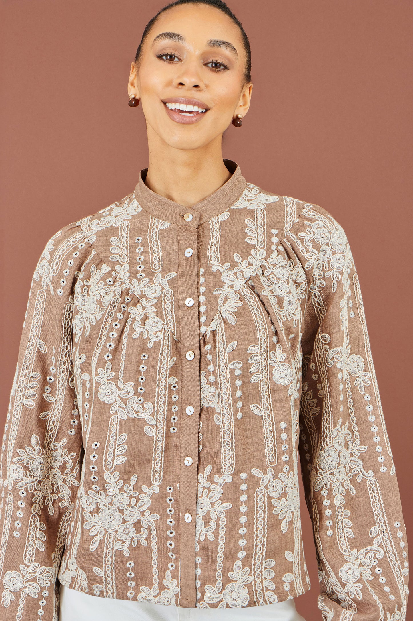 Yumi Brown Embroidered Floral Relaxed Shirt Tops Yumi