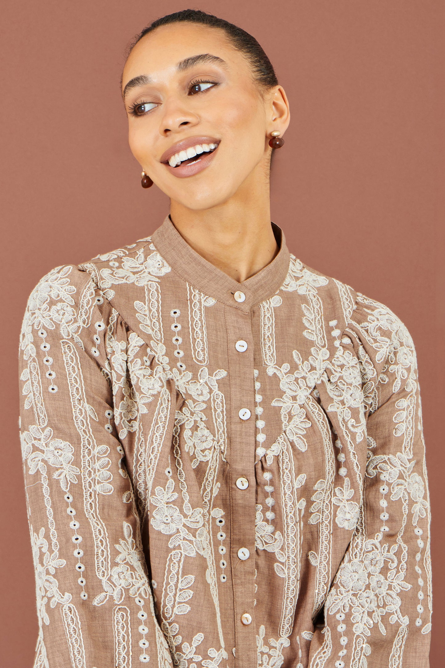Yumi Brown Embroidered Floral Relaxed Shirt Tops Yumi